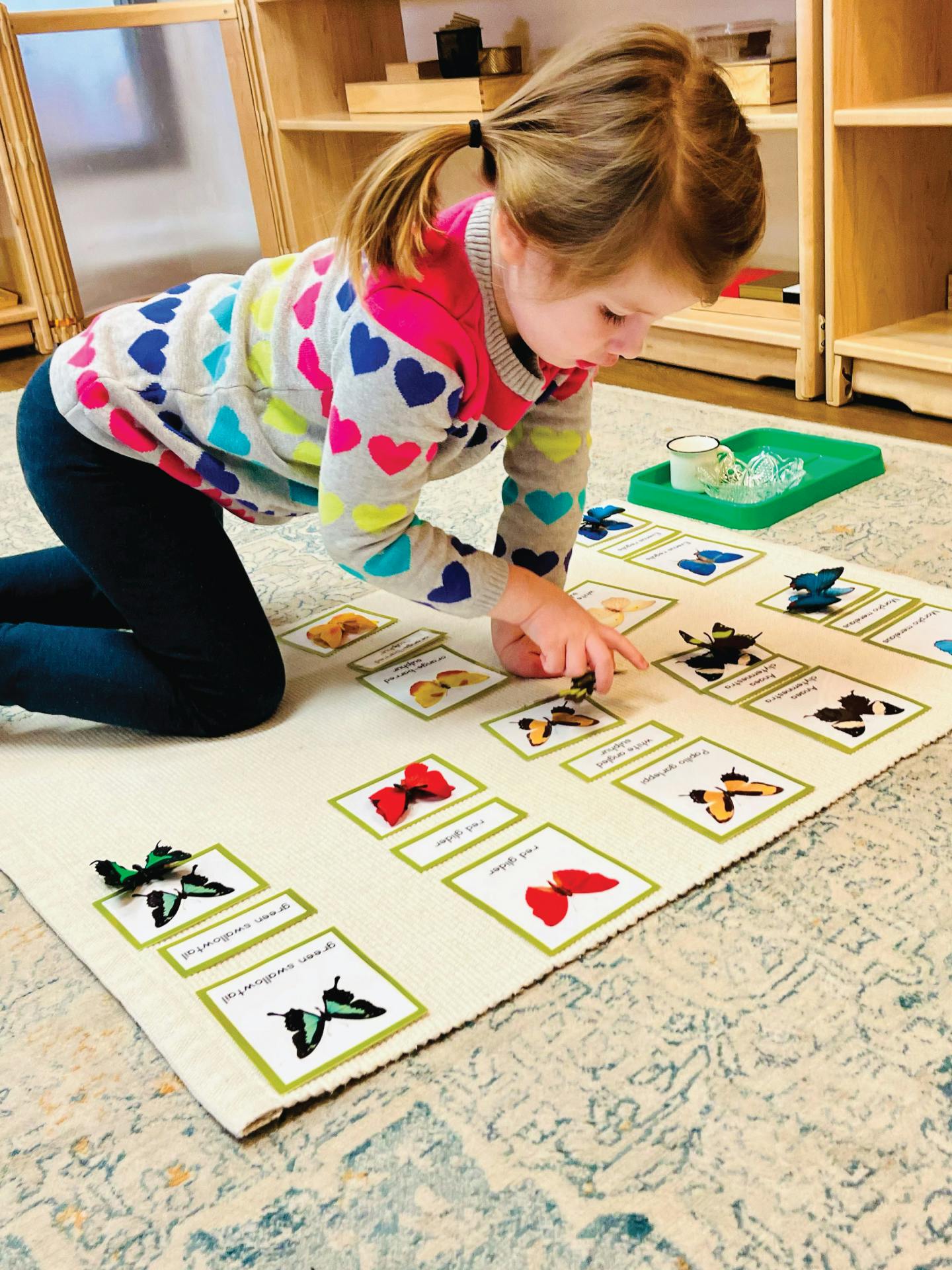 Child on knees playing with butterfly cards on a rug