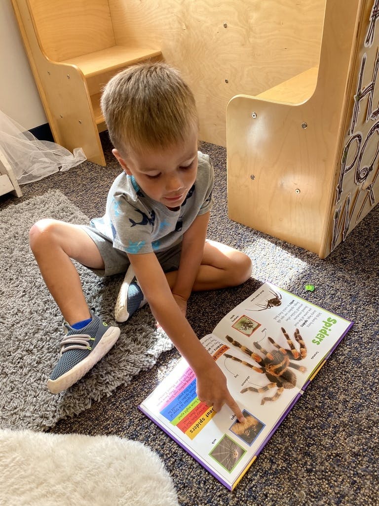Child sitting on floor pointing at a book about spiders