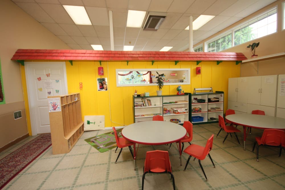 Empty classroom with small tables and chairs