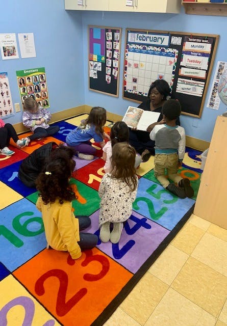 Adult reading a book to children in a classroom