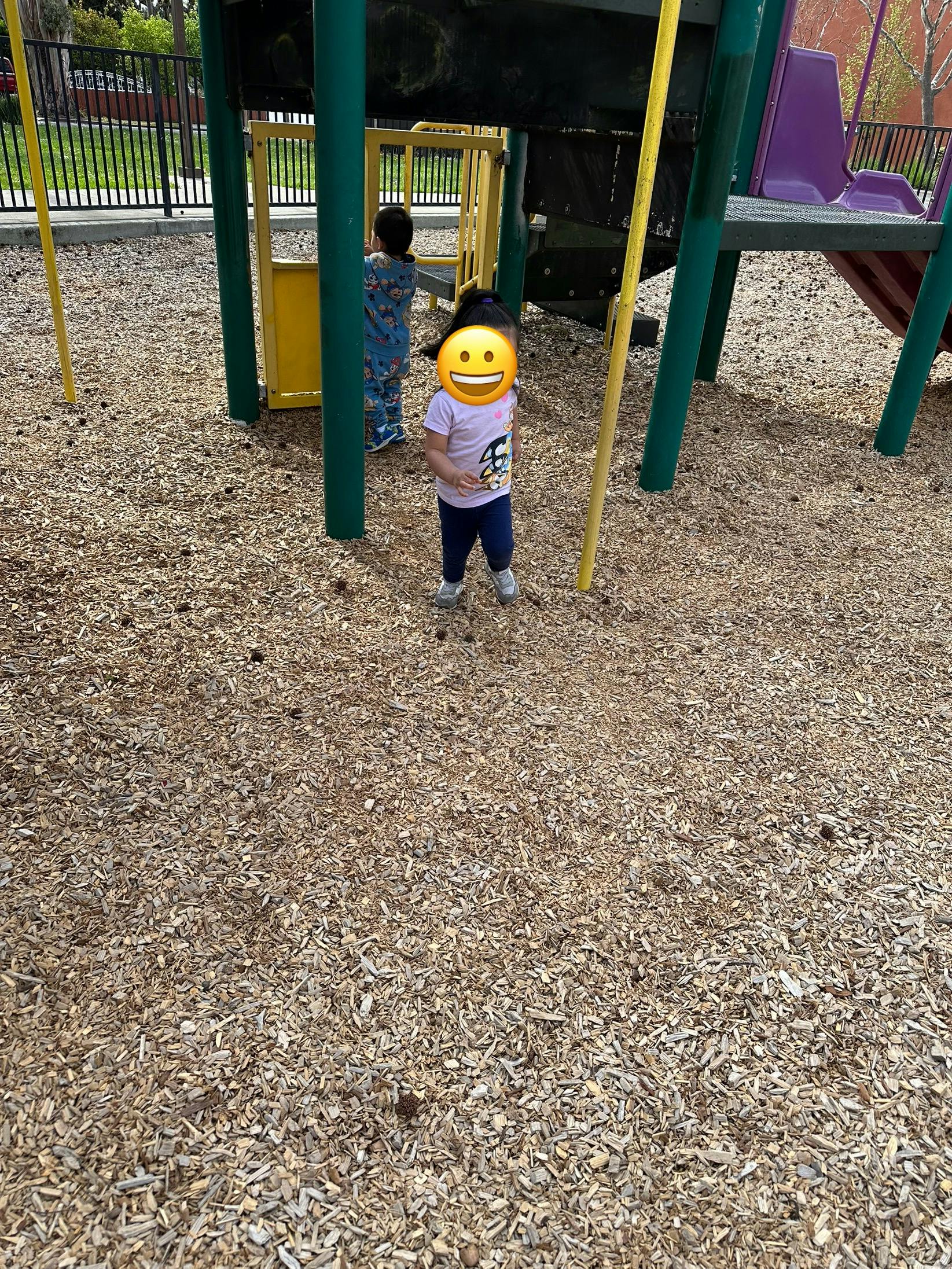 Two children on a playground with wood chips