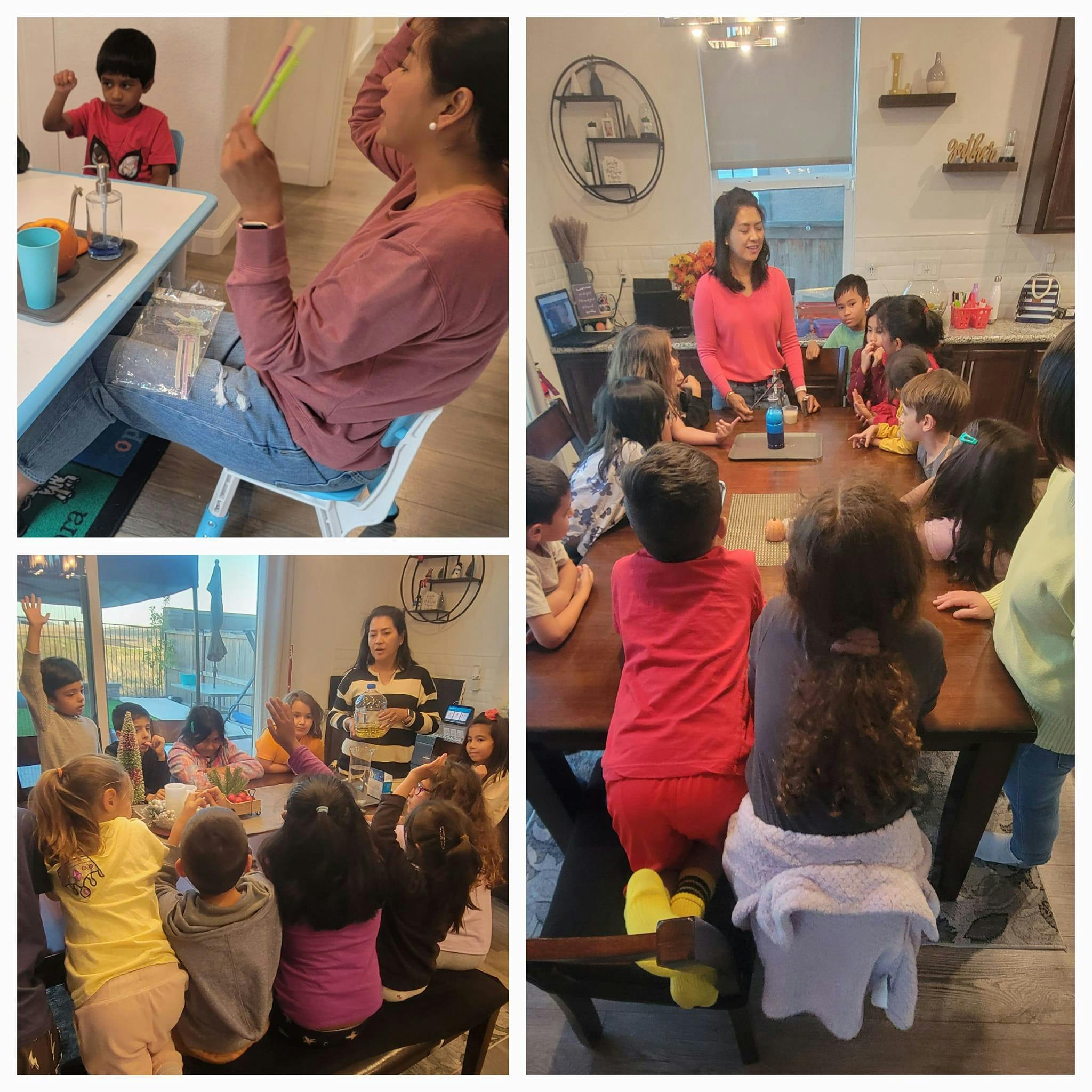 Adults and children gathered around tables in a home setting