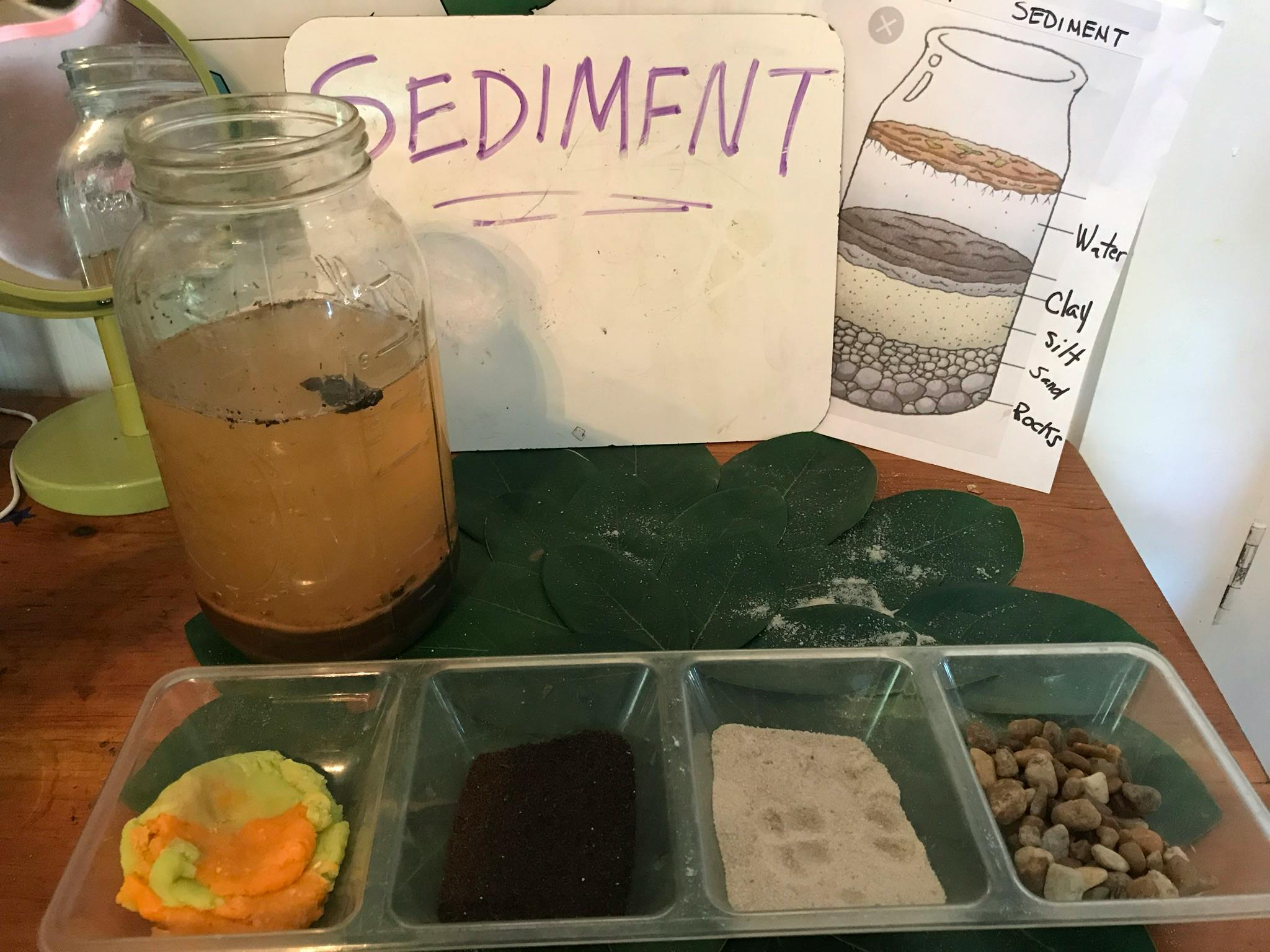 Sediment experiment with jar of water and soil, and samples of materials