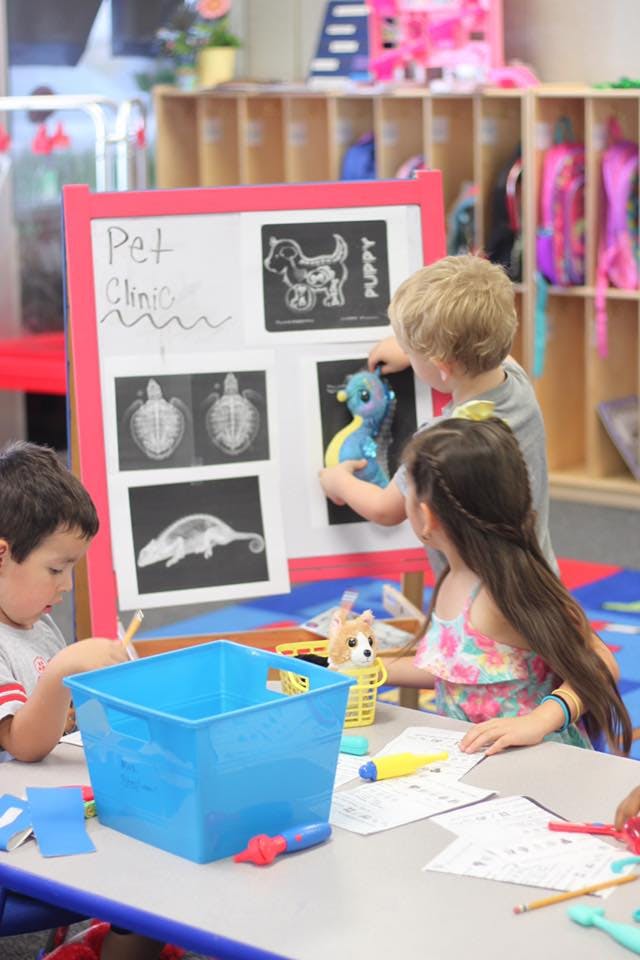 Children playing at a pet clinic station in a classroom