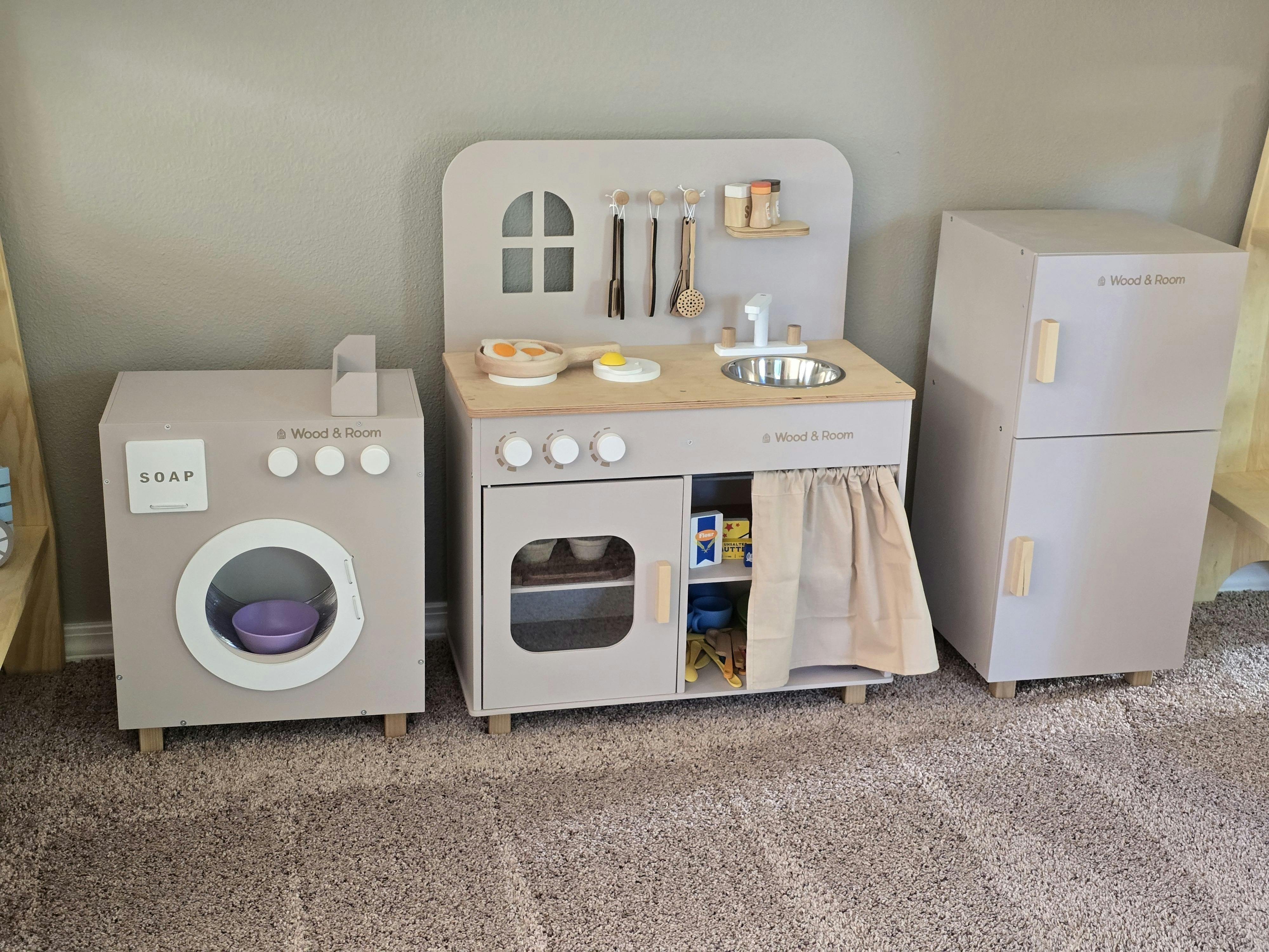 Toy kitchen, washing machine, and refrigerator set