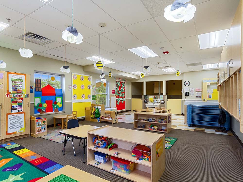 Colorful and organized classroom with small tables, storage, and decorations