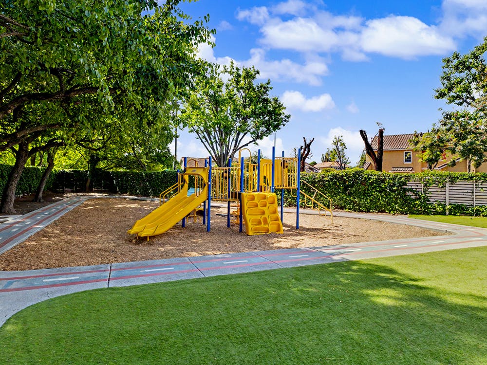 Empty playground with yellow slides, green trees, and artificial grass