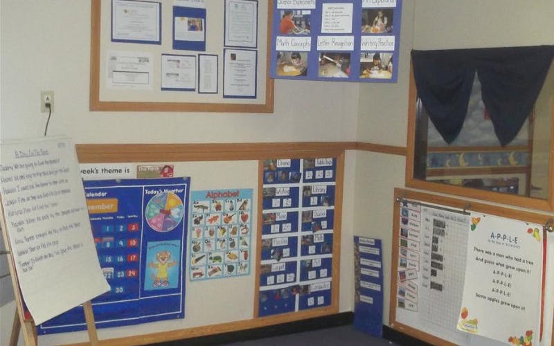 Whiteboard and bulletin boards with educational materials in a classroom