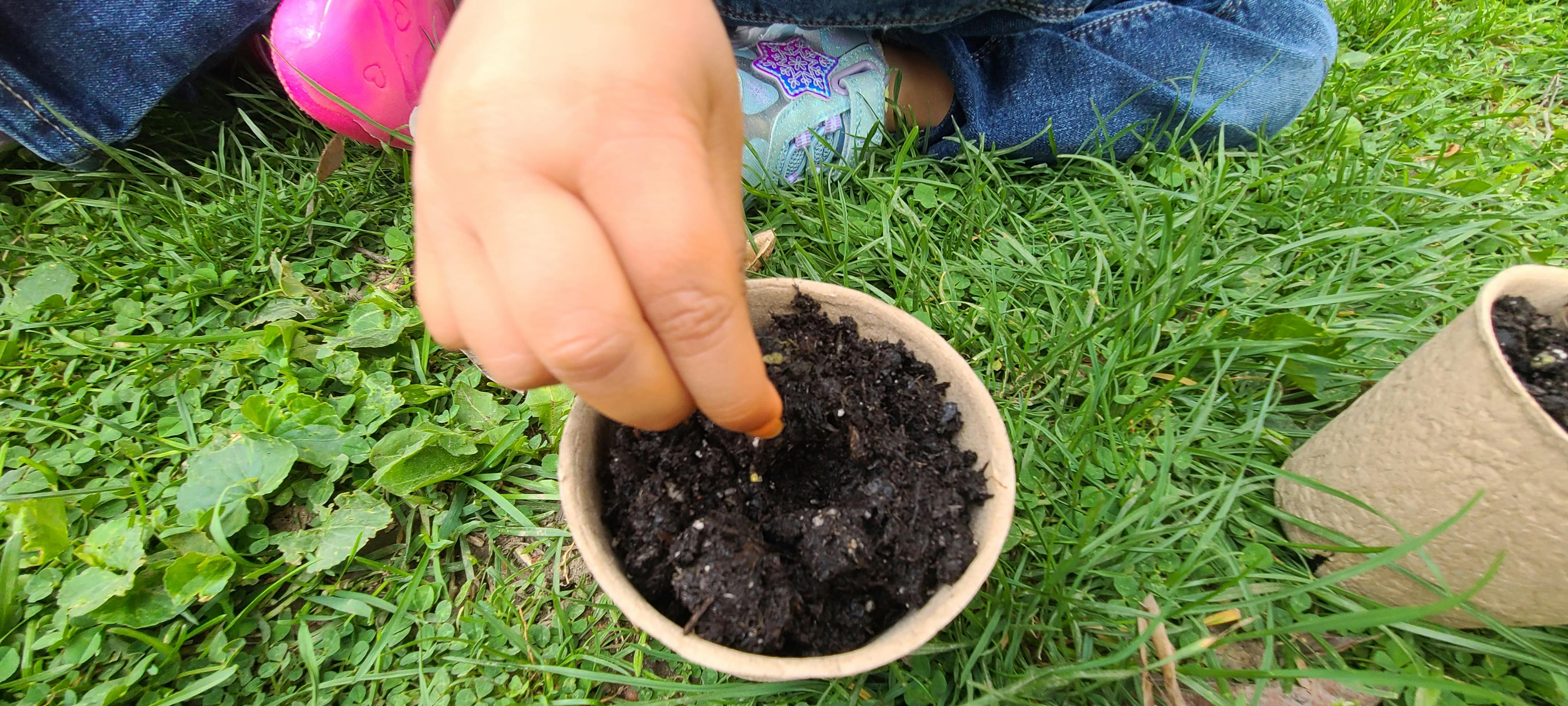 Person planting seeds in a small pot of soil