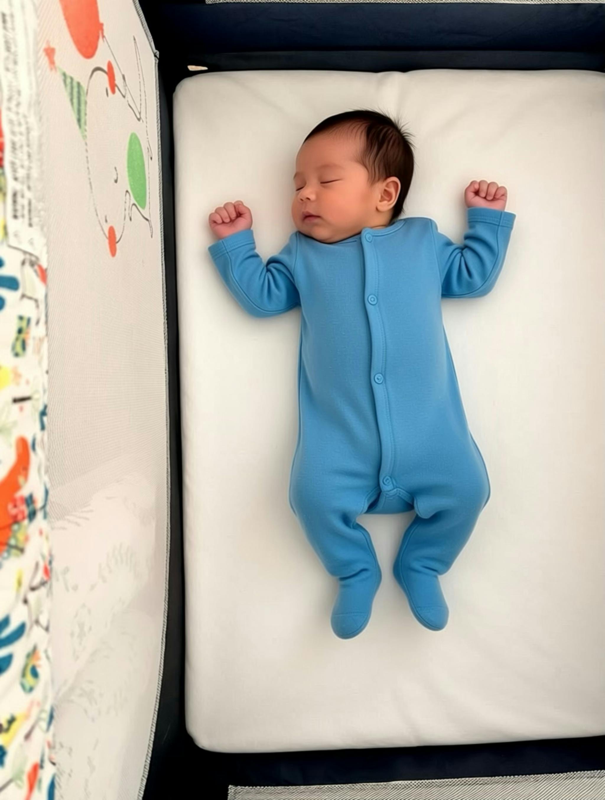 Sleeping infant in blue pajamas on a white crib sheet