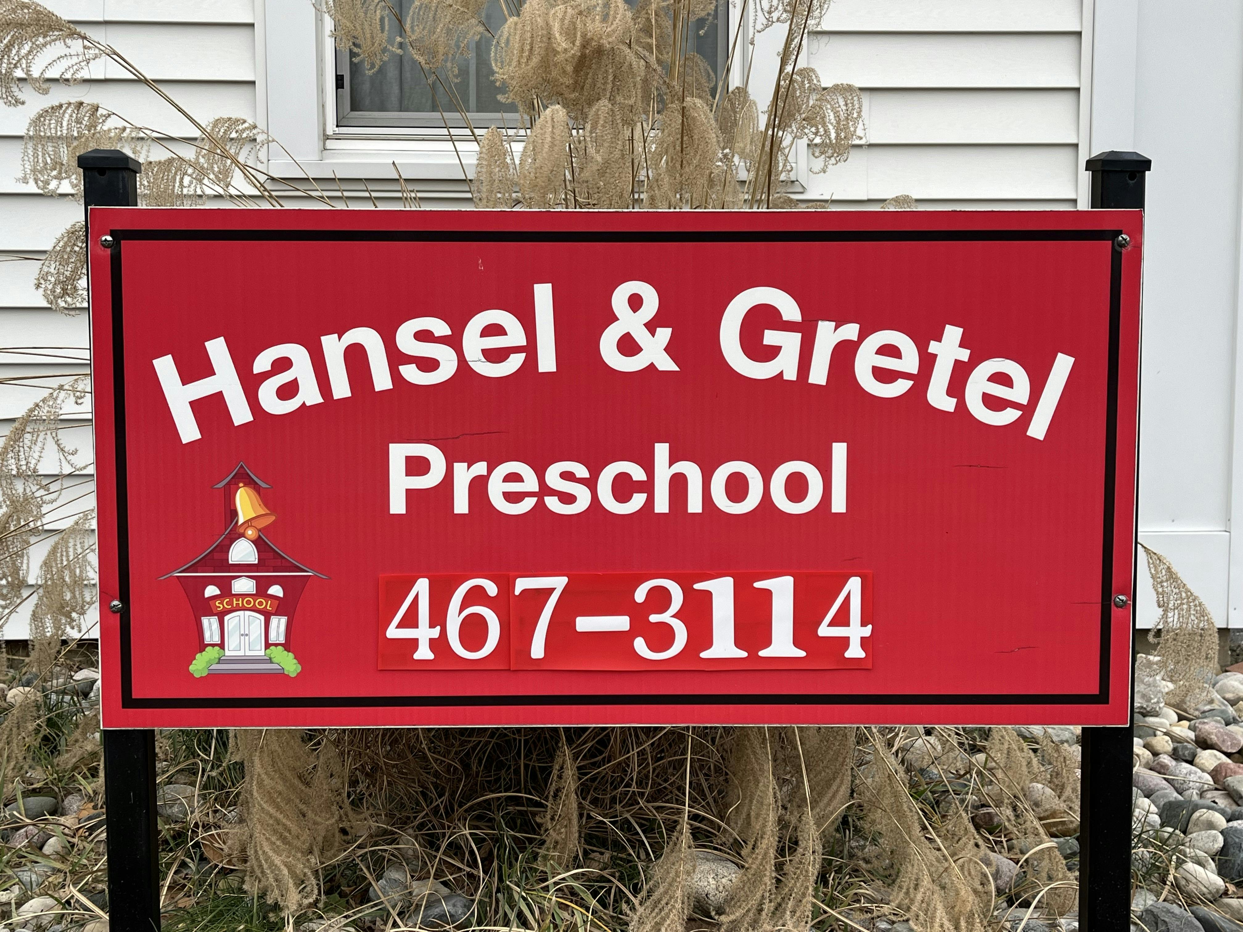 Sign for Hansel and Gretel Preschool with phone number 467-3114