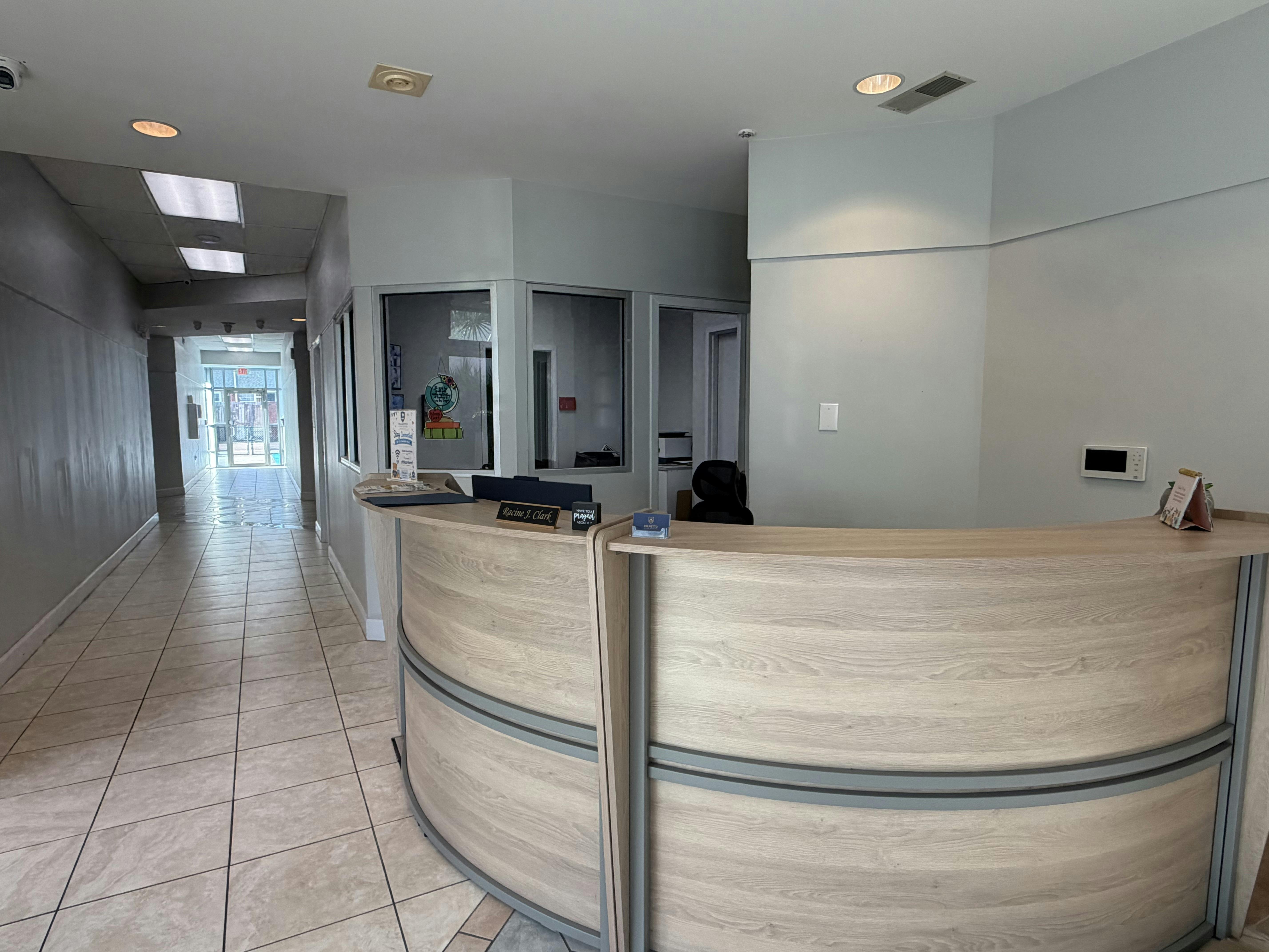 Reception desk in a building lobby