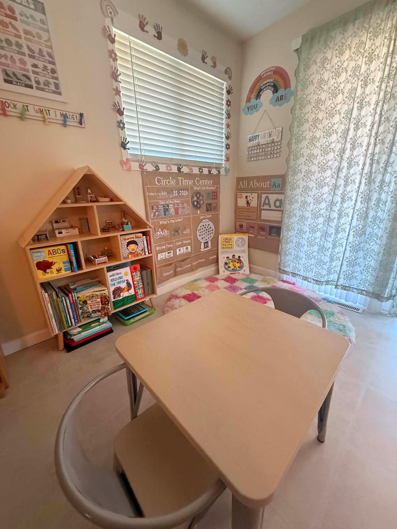 Small table and chair in a decorated home classroom