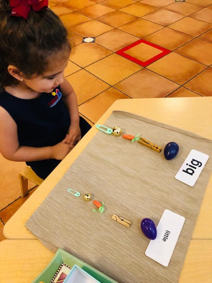 Child looking at objects on a table with cards labeled "big" and "little"