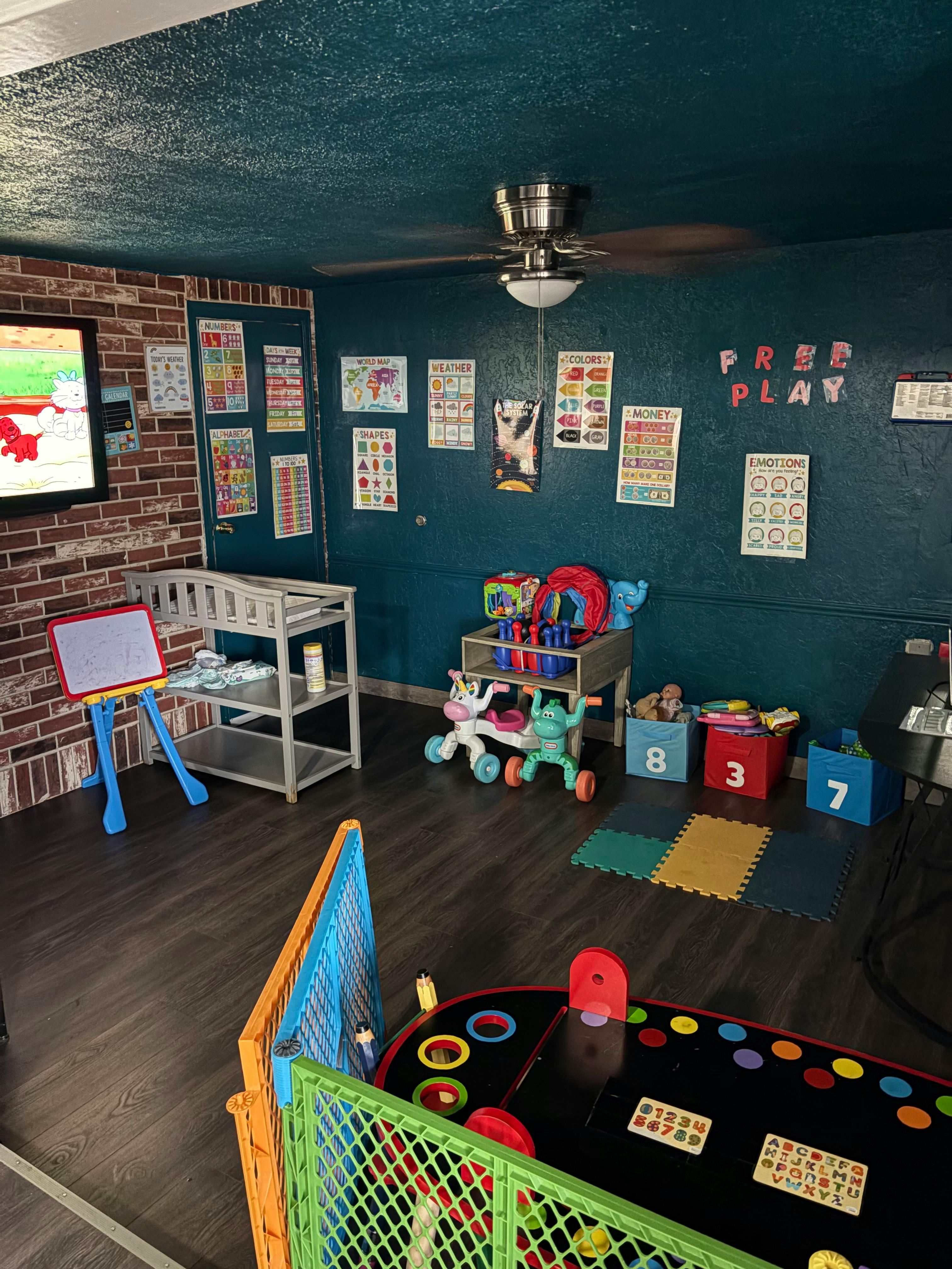 Playroom with toys, changing table, and educational posters on the wall