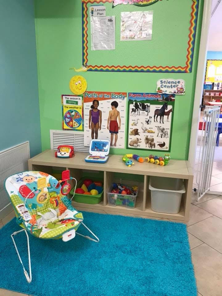 Infant bouncer seat on a blue rug in a classroom with educational posters