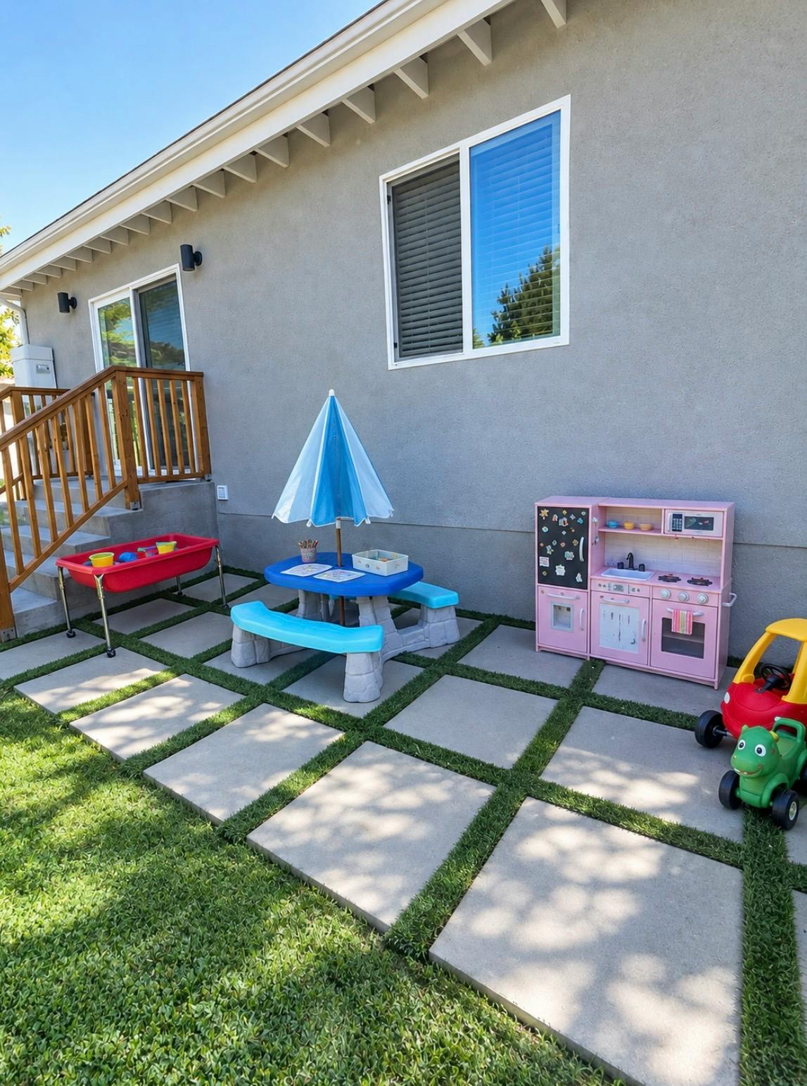 Play area for children with a picnic table, toy kitchen, and sand table