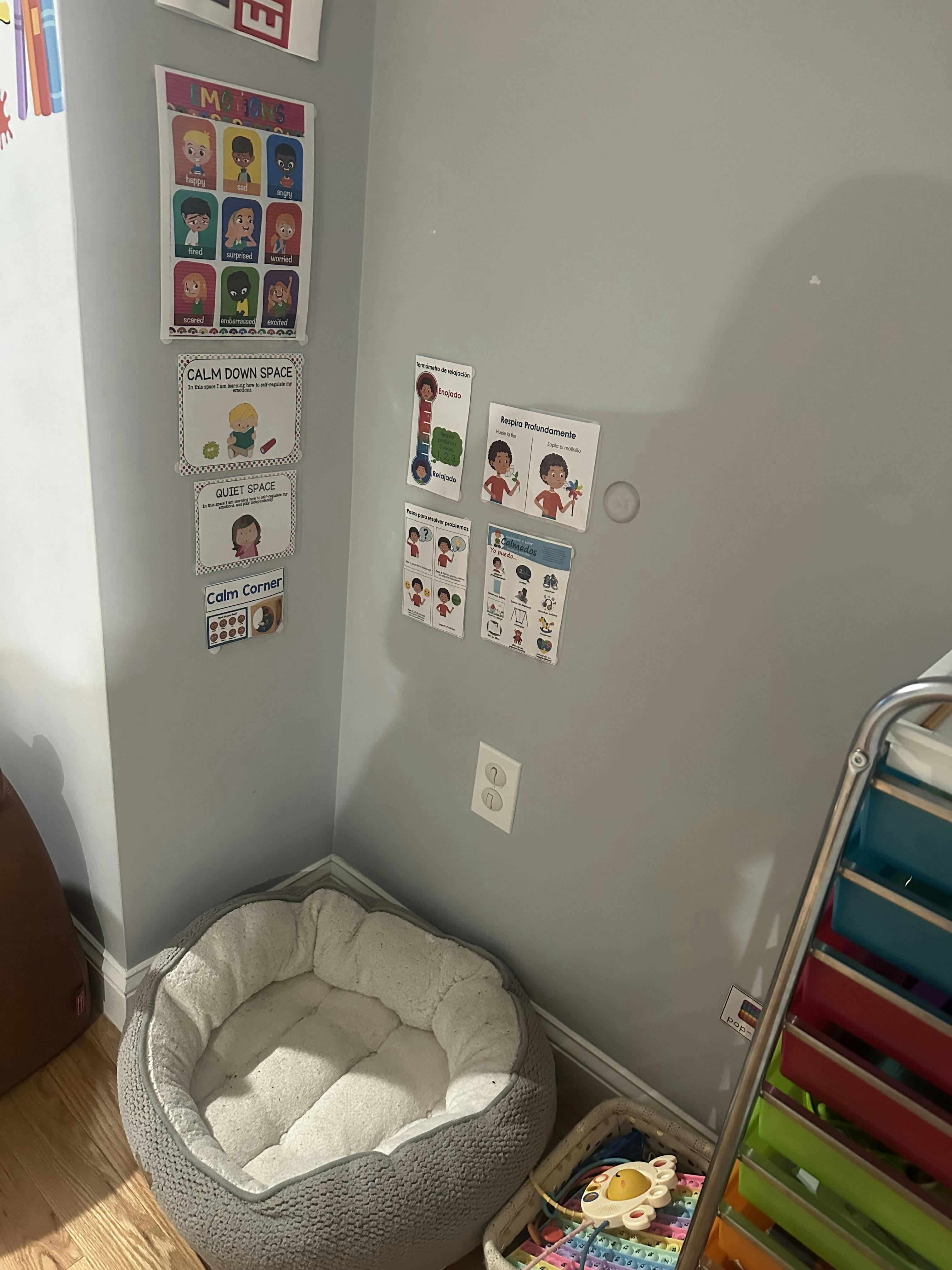 Pet bed on a wooden floor next to a wall with charts and a storage cart