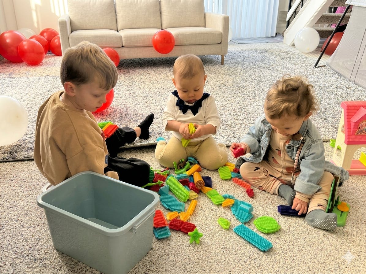 Three children playing with colorful interlocking sensory toys on a carpeted floor