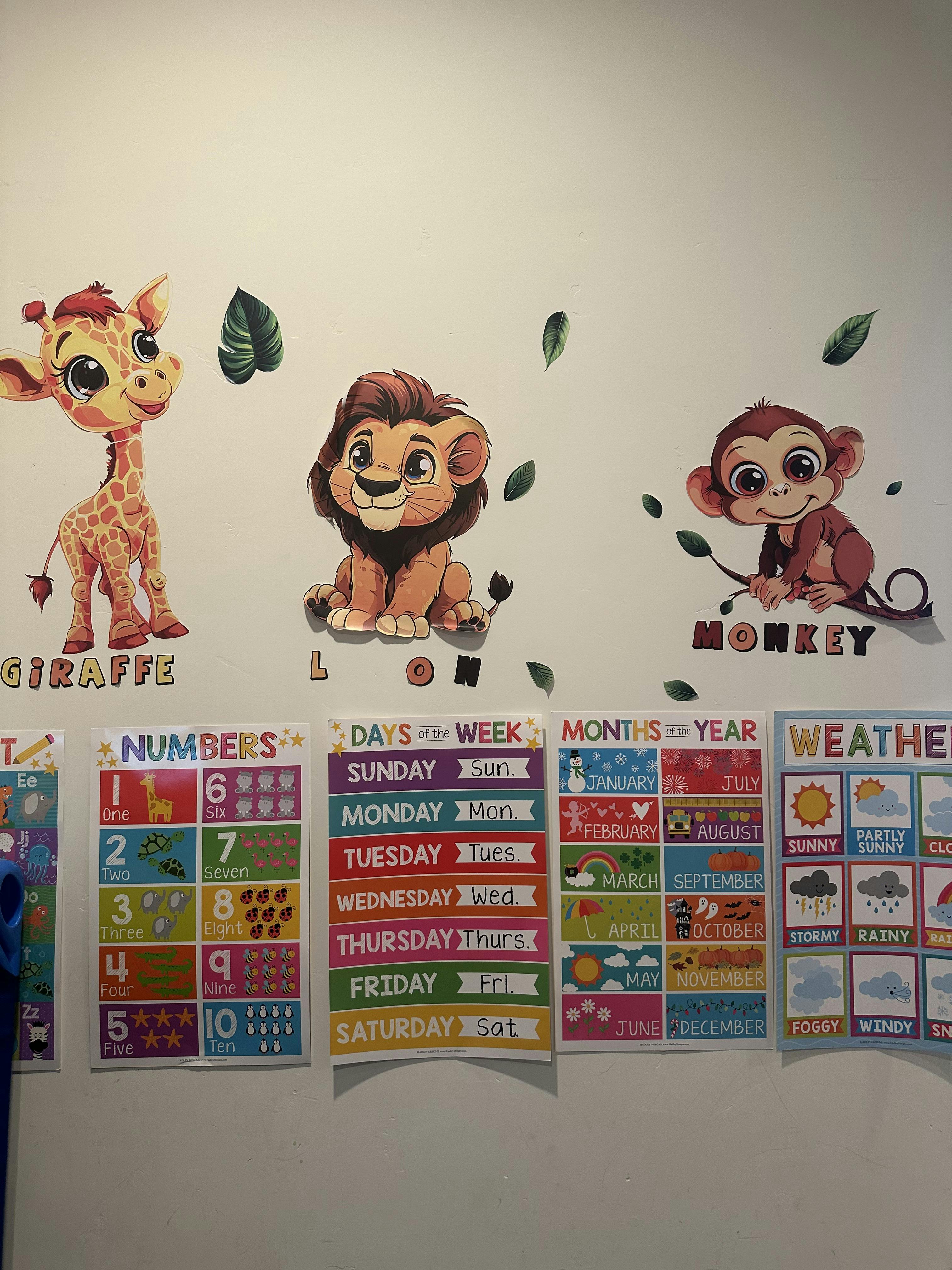 Educational wall charts showing numbers, days, months, and weather