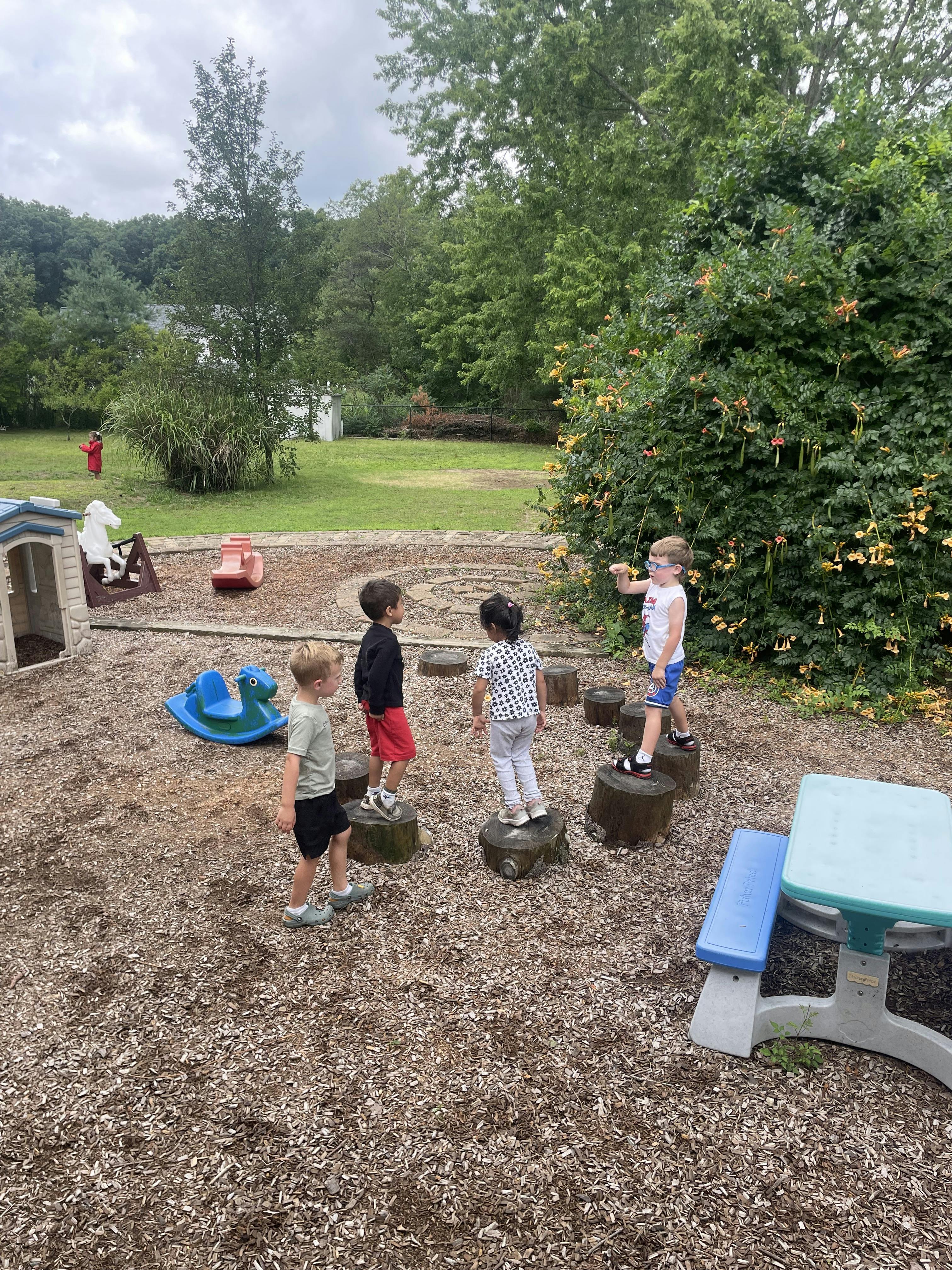 Four children playing on tree stump steps in a backyard playground