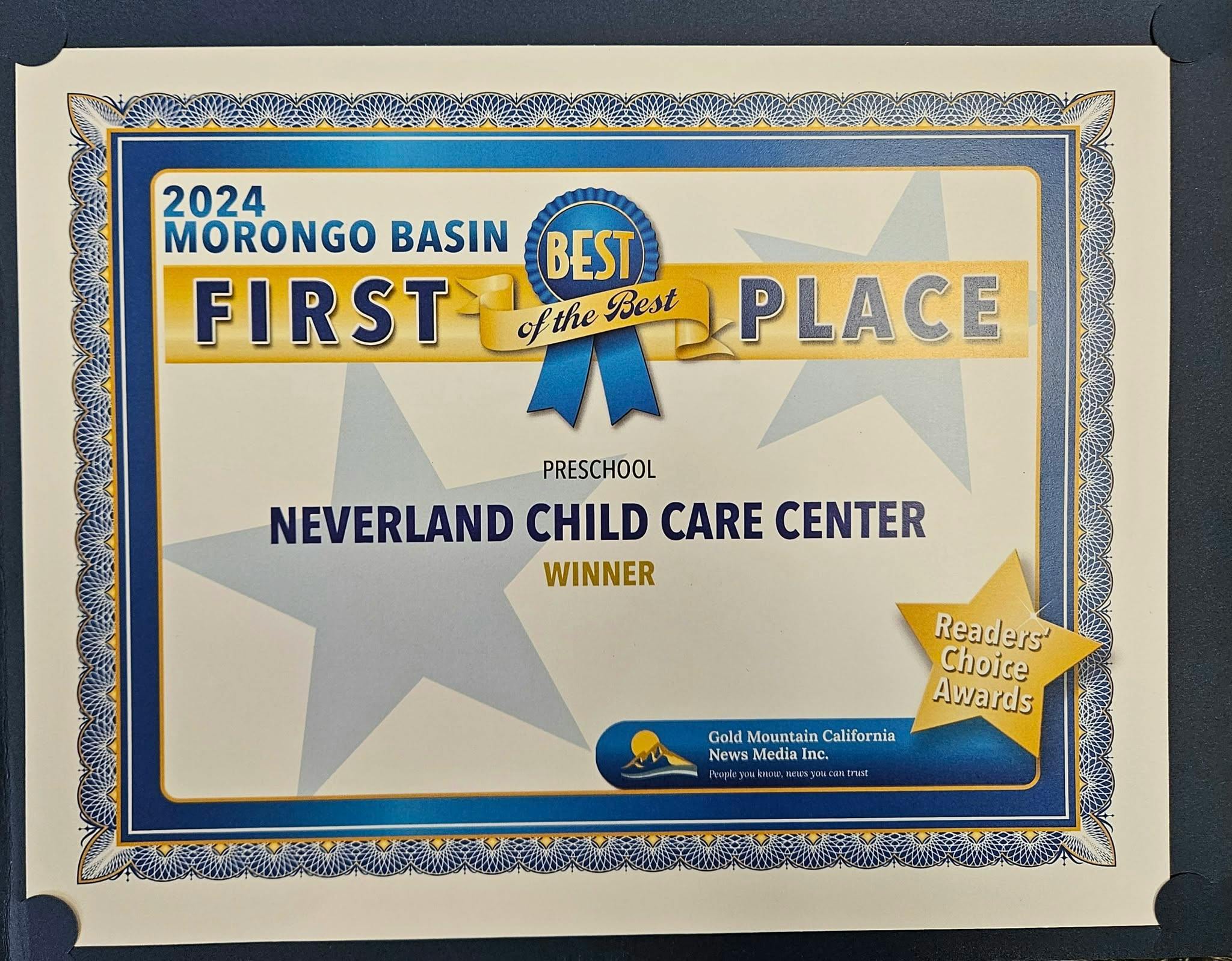 2024 Morongo Basin Best of the Best First Place award for Neverland Child Care Center