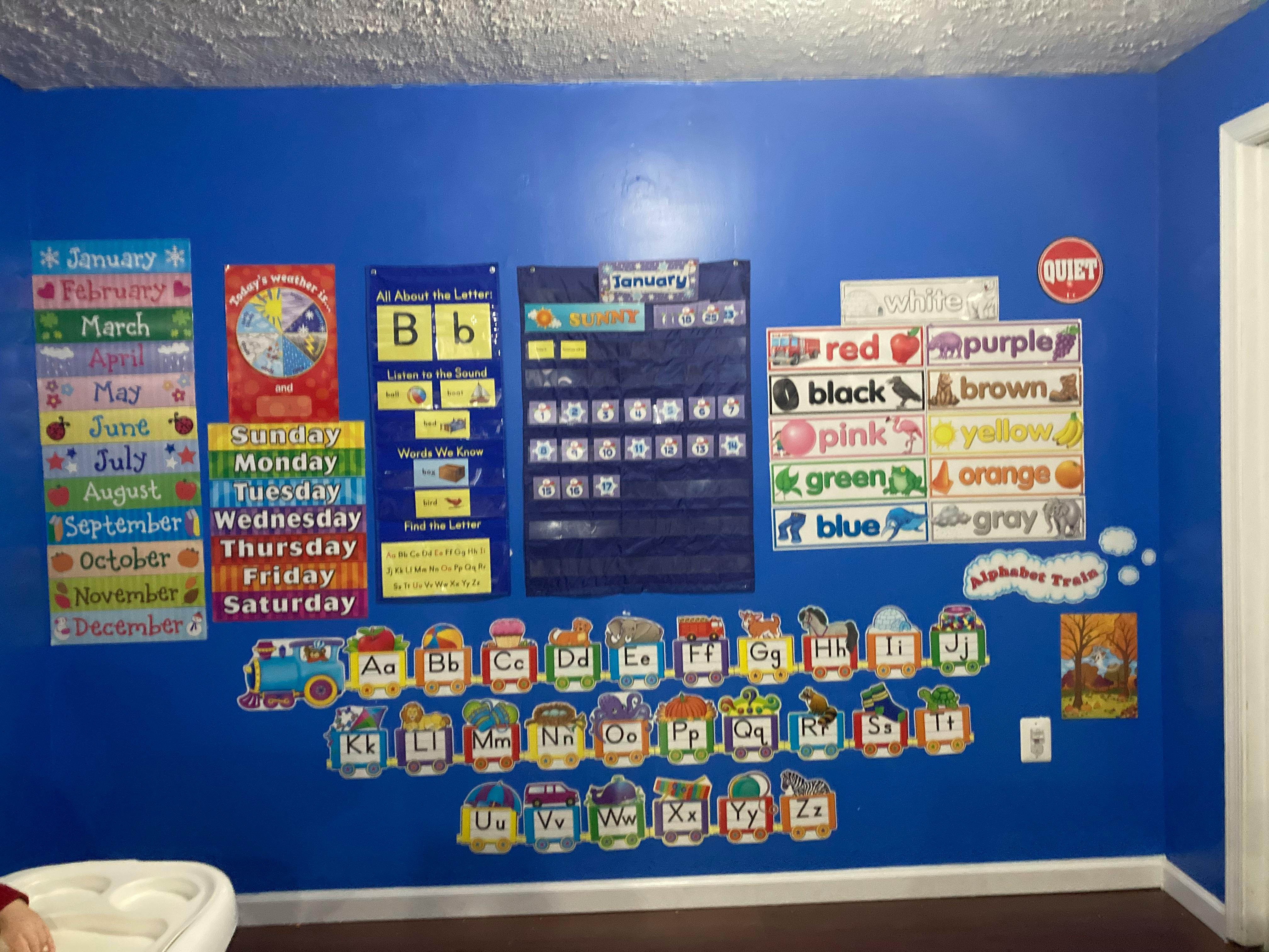 Classroom wall with educational posters and alphabet cutouts