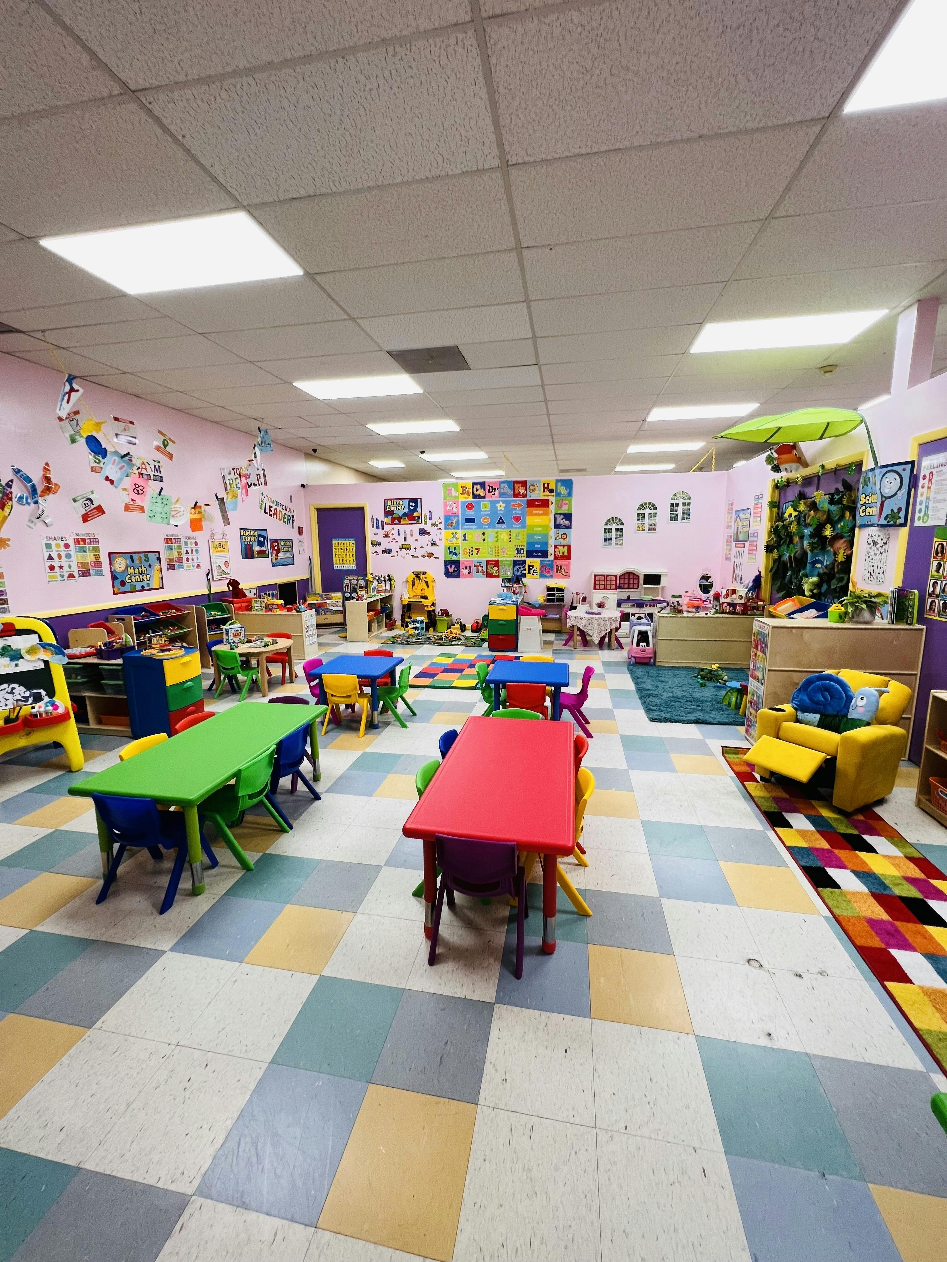 Classroom with colorful tables and chairs