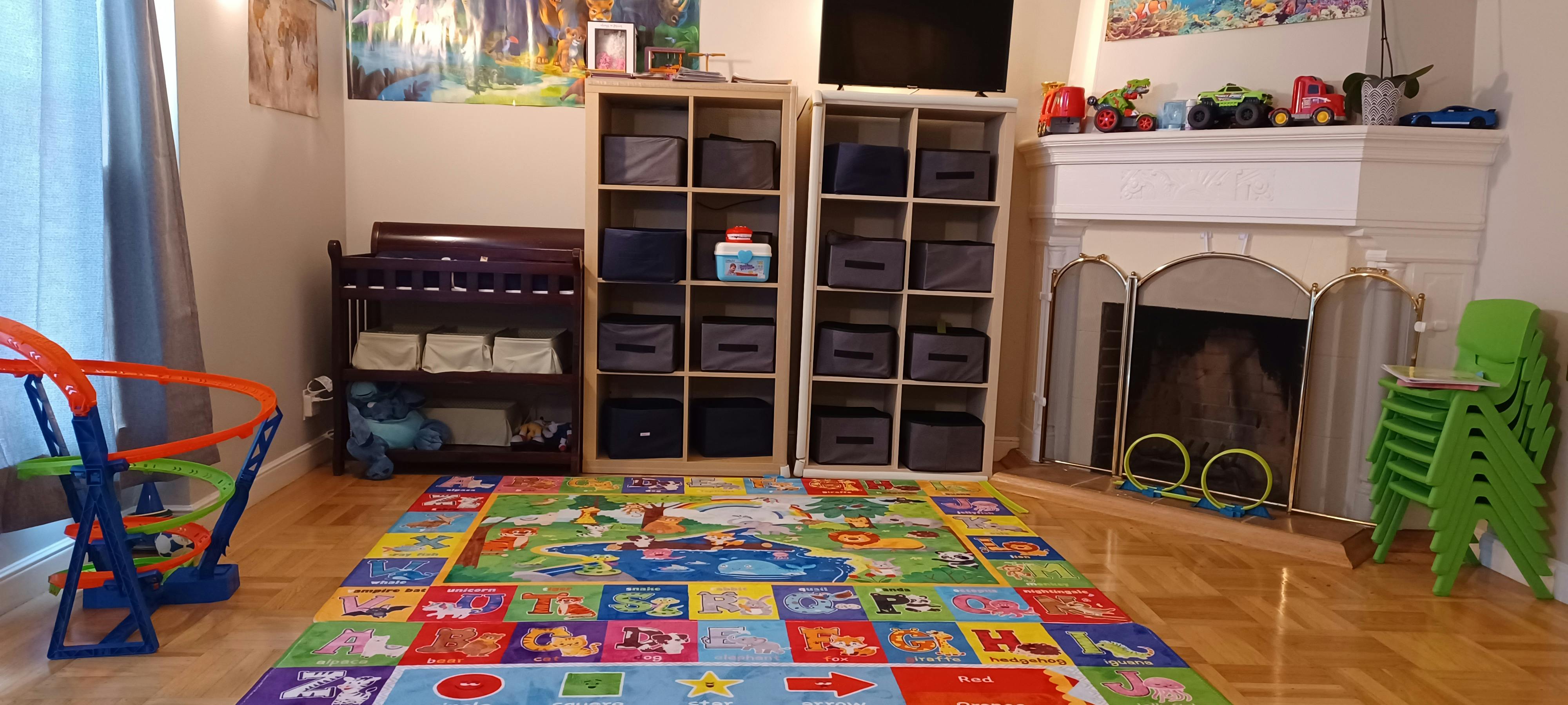 Playroom with colorful rug, storage shelves, and fireplace