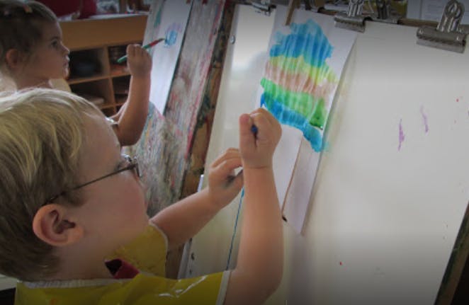 Child painting on an easel in a classroom