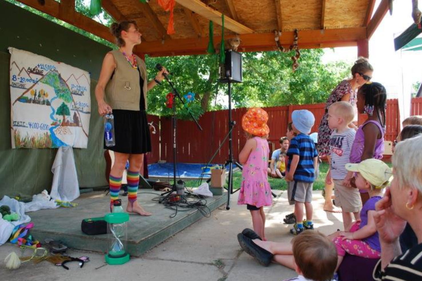 Person speaking to a group of children outdoors