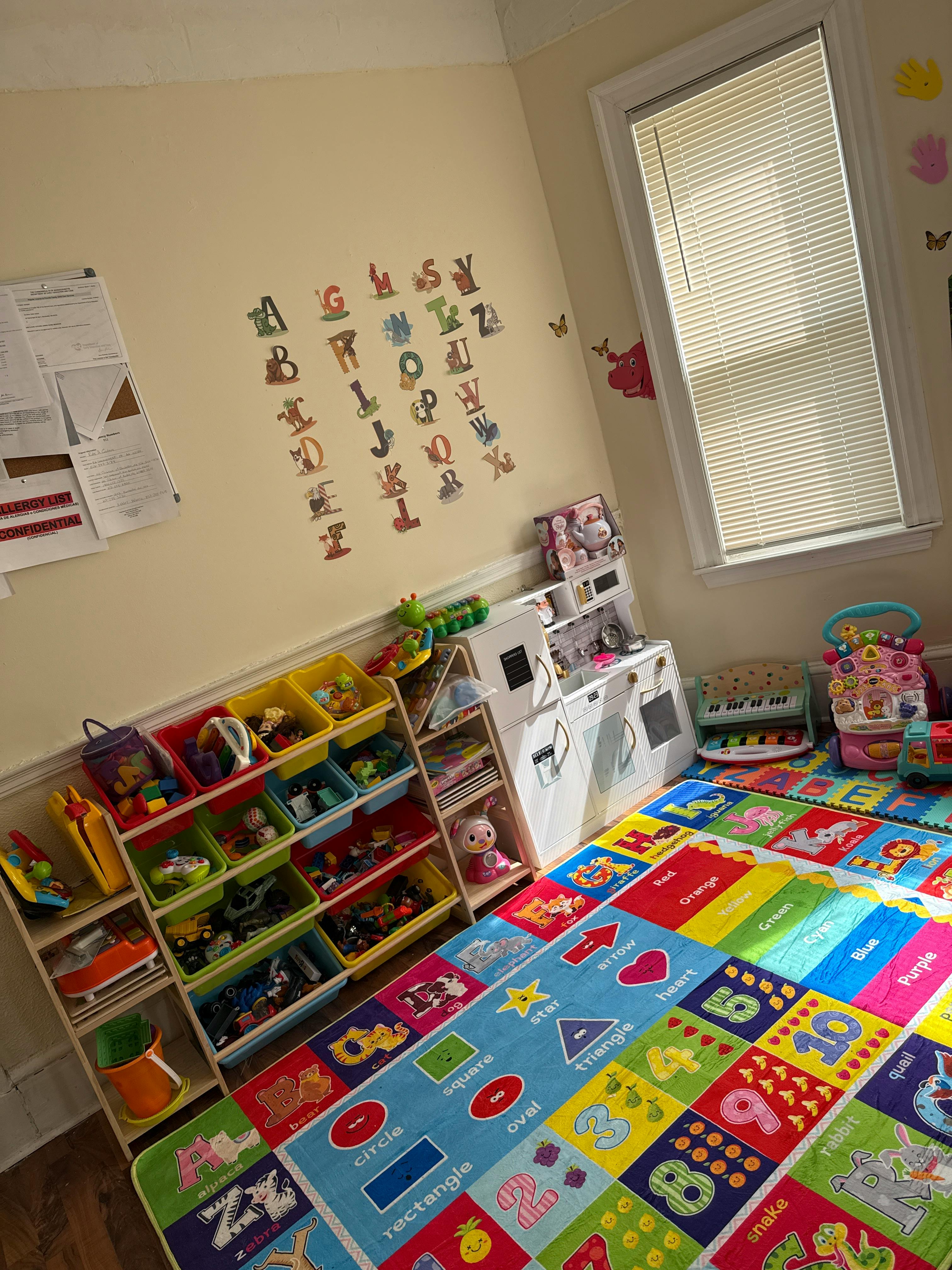 An overhead view of a child's playroom with toys and a colorful alphabet rug