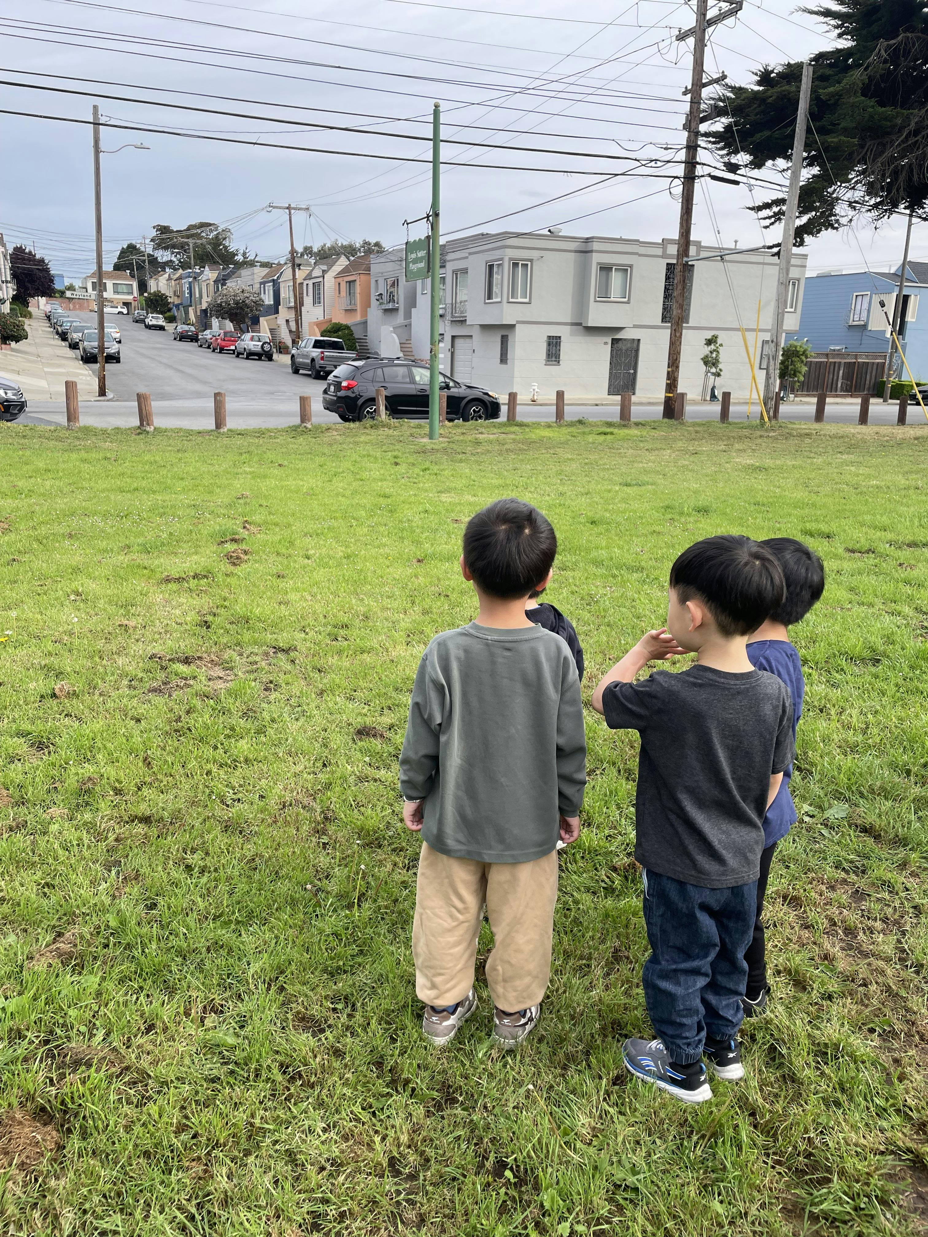Three children standing in a grassy field looking towards a street with houses