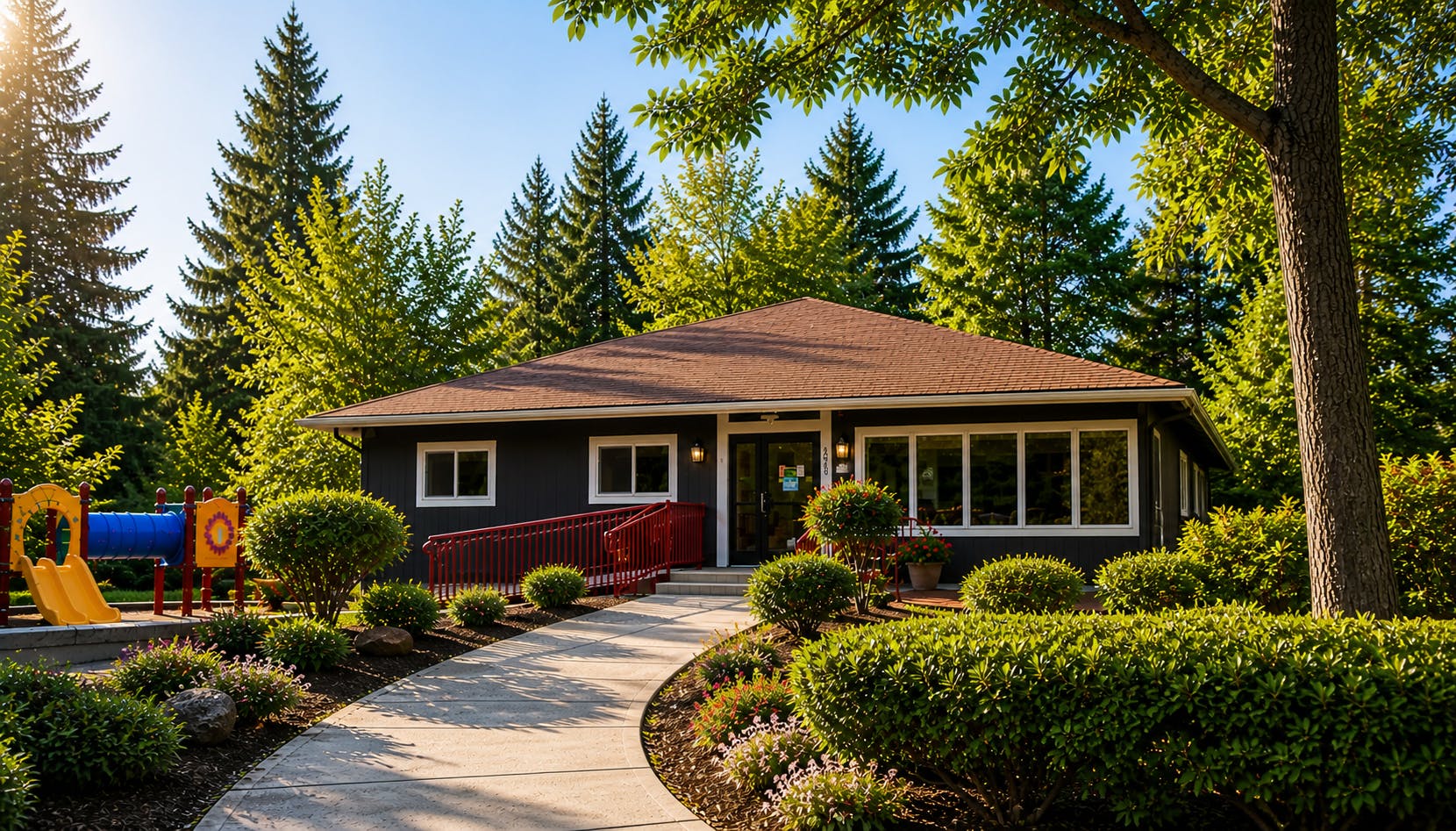 A house with a red accessibility ramp and an outdoor playground
