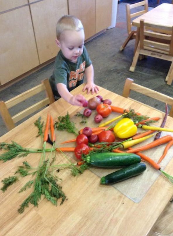 Child reaching for vegetables on a table