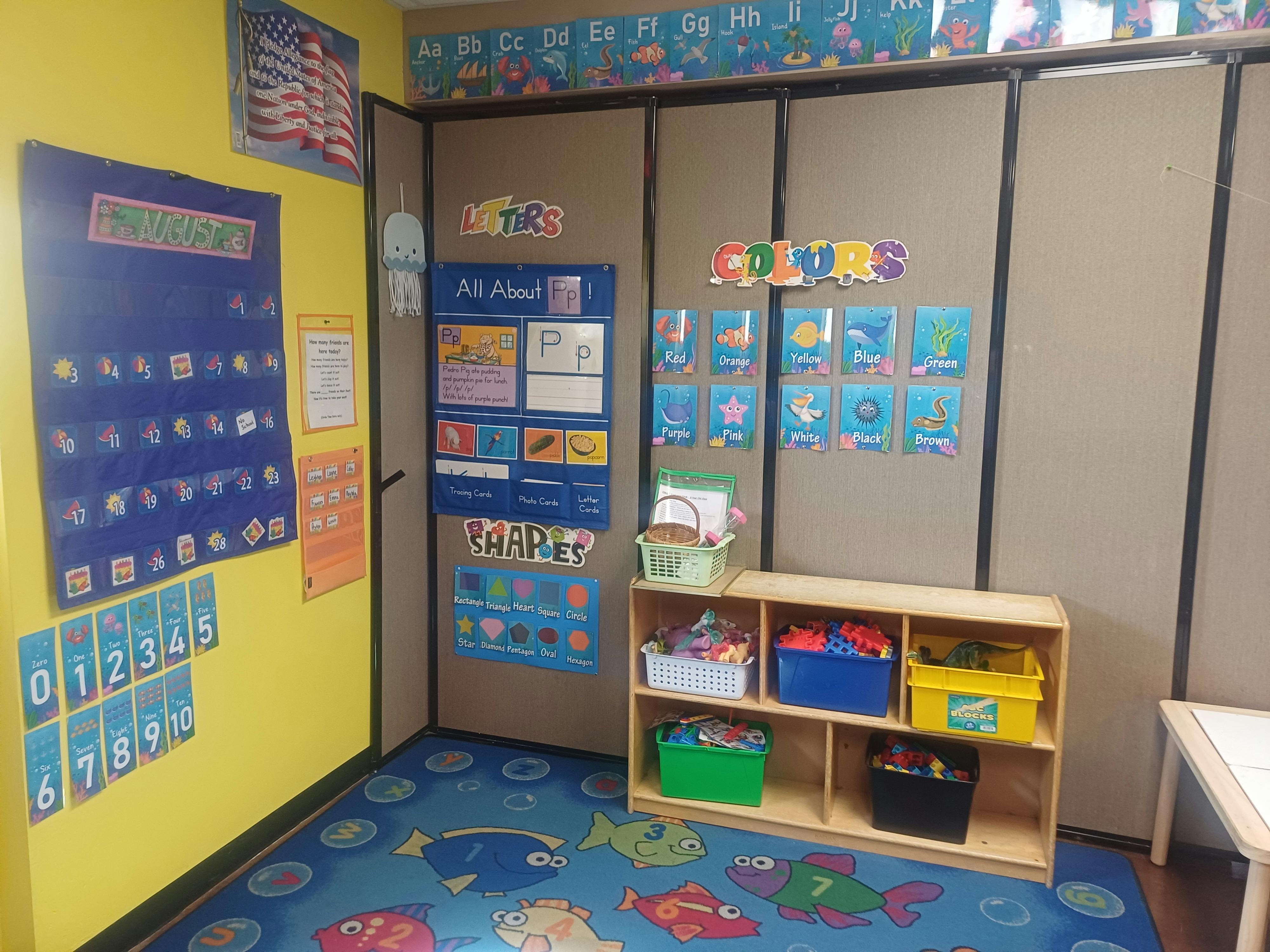 Classroom with educational posters and a storage shelf with colorful bins