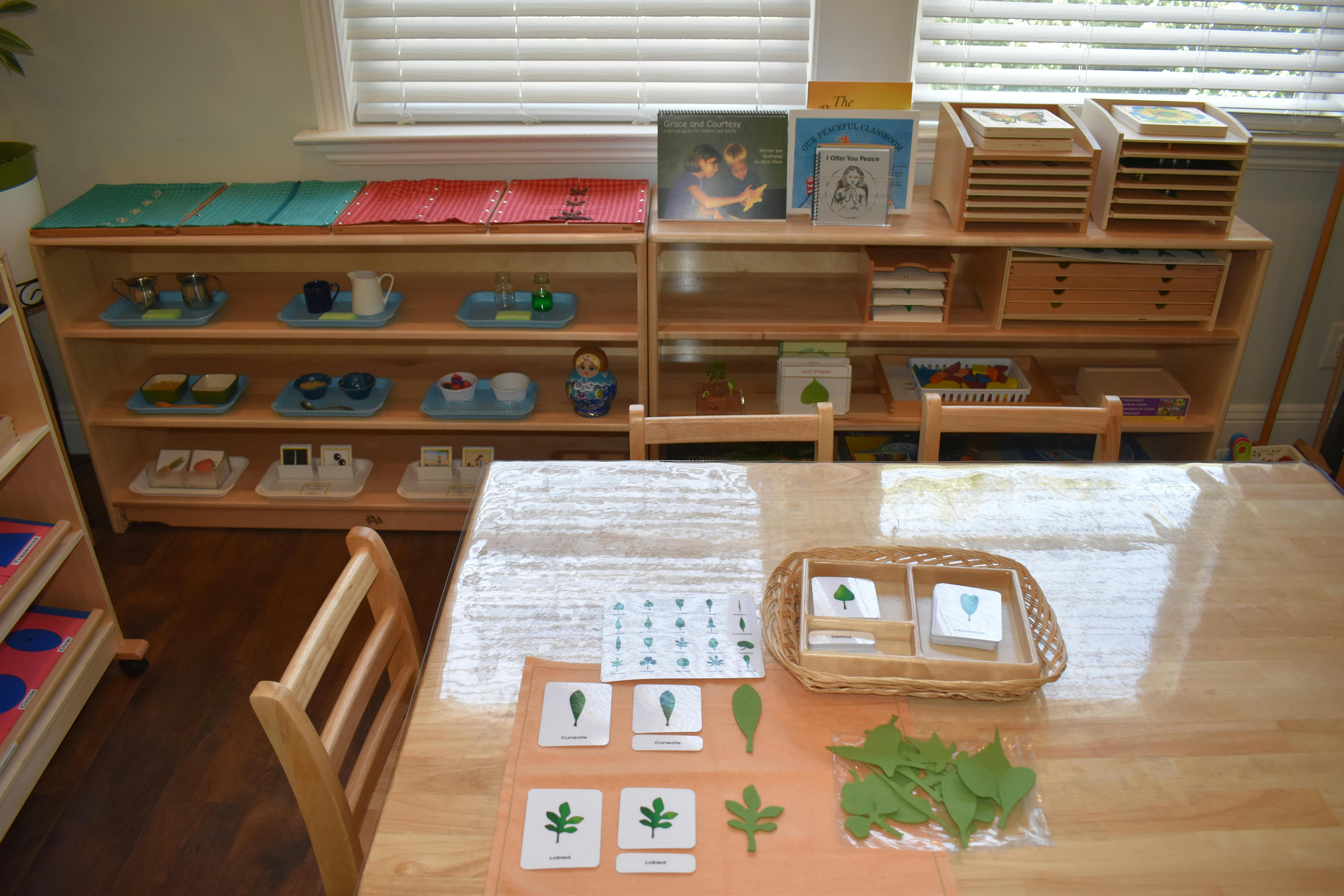 Classroom with shelves of learning materials and a table with leaf cards