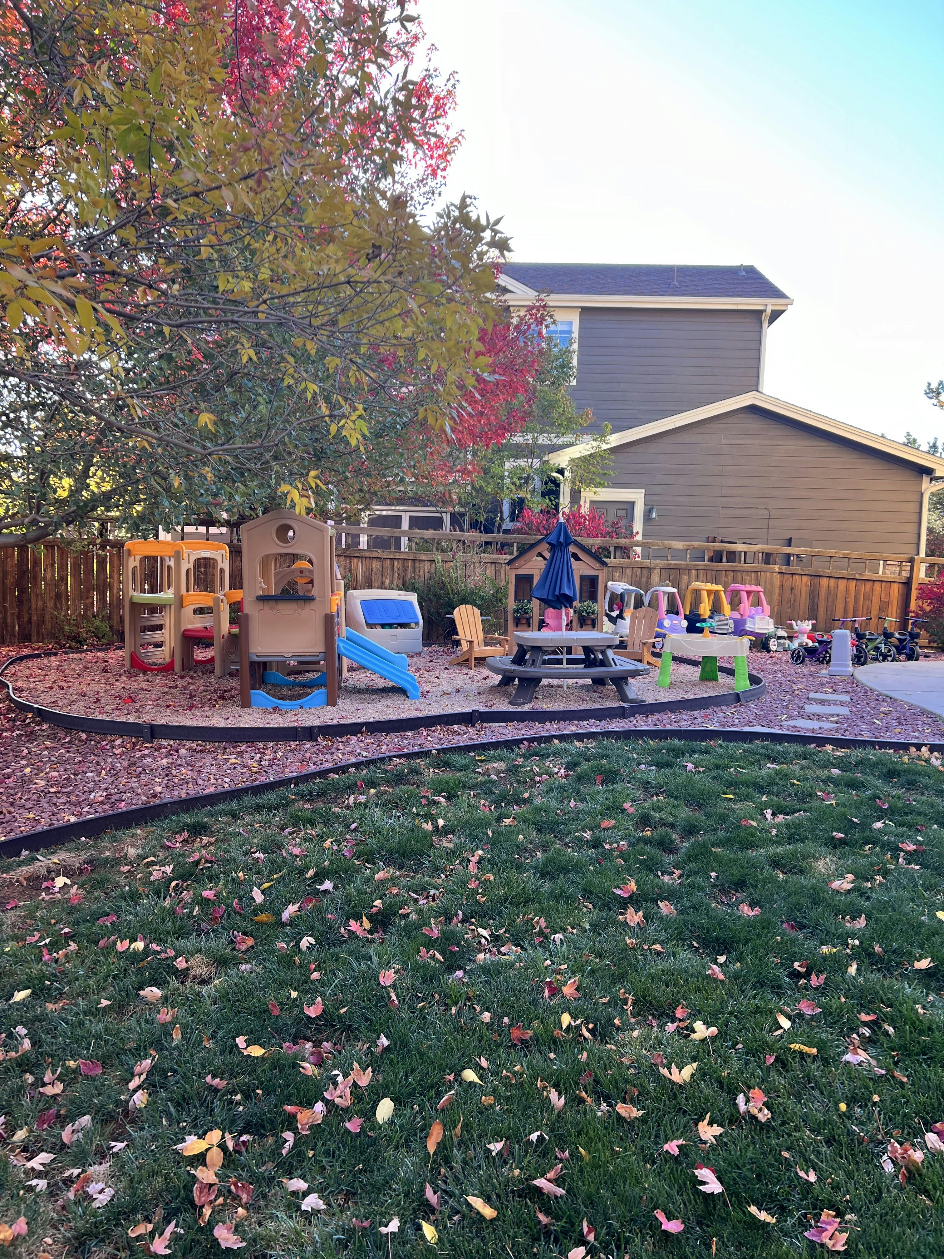 Backyard playground with play structures, picnic table, and grass