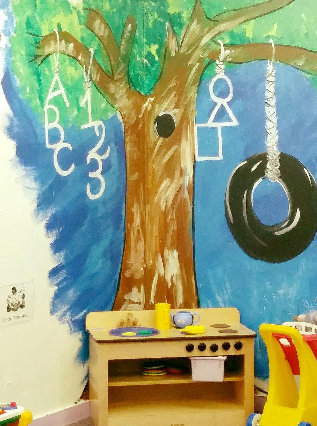Playroom wall mural with tree, alphabet, numbers, shapes, and tire swing