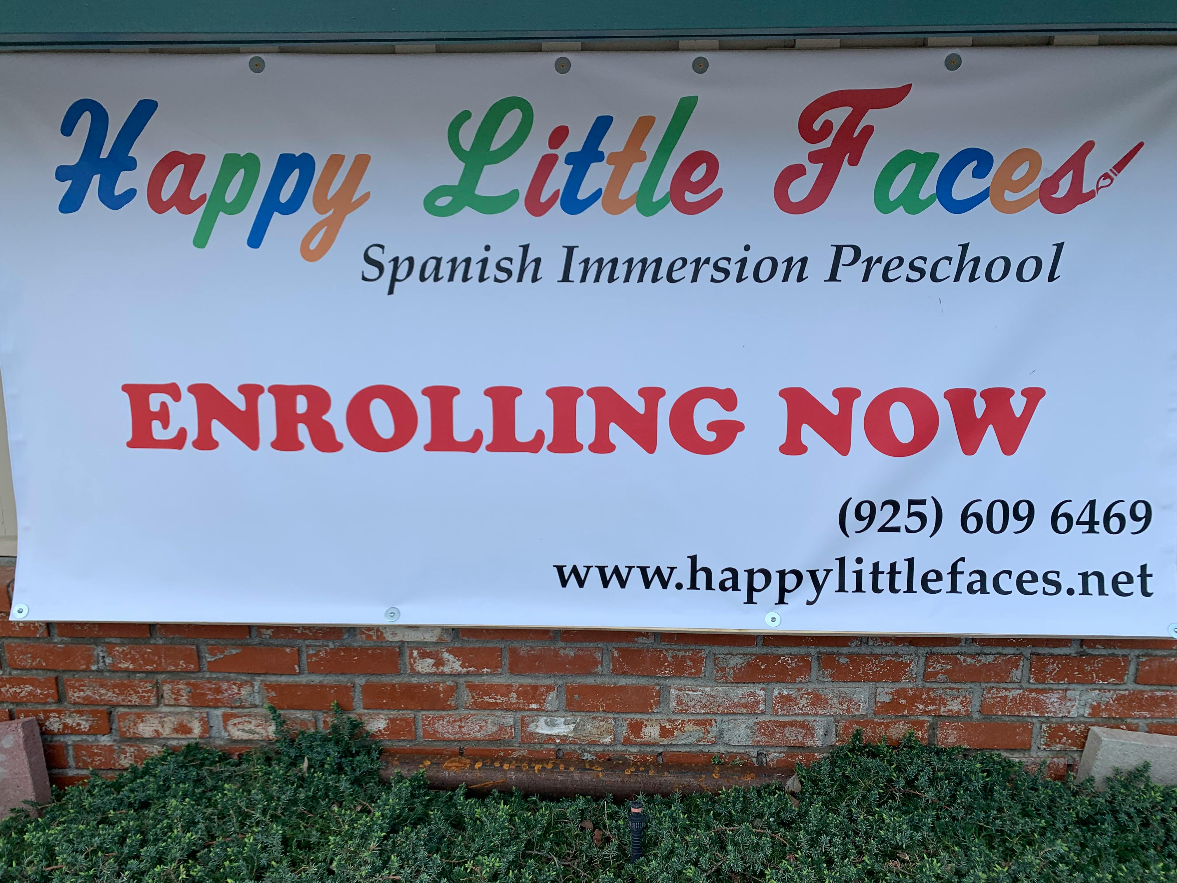 Happy Little Faces Spanish Immersion Preschool banner with "ENROLLING NOW"