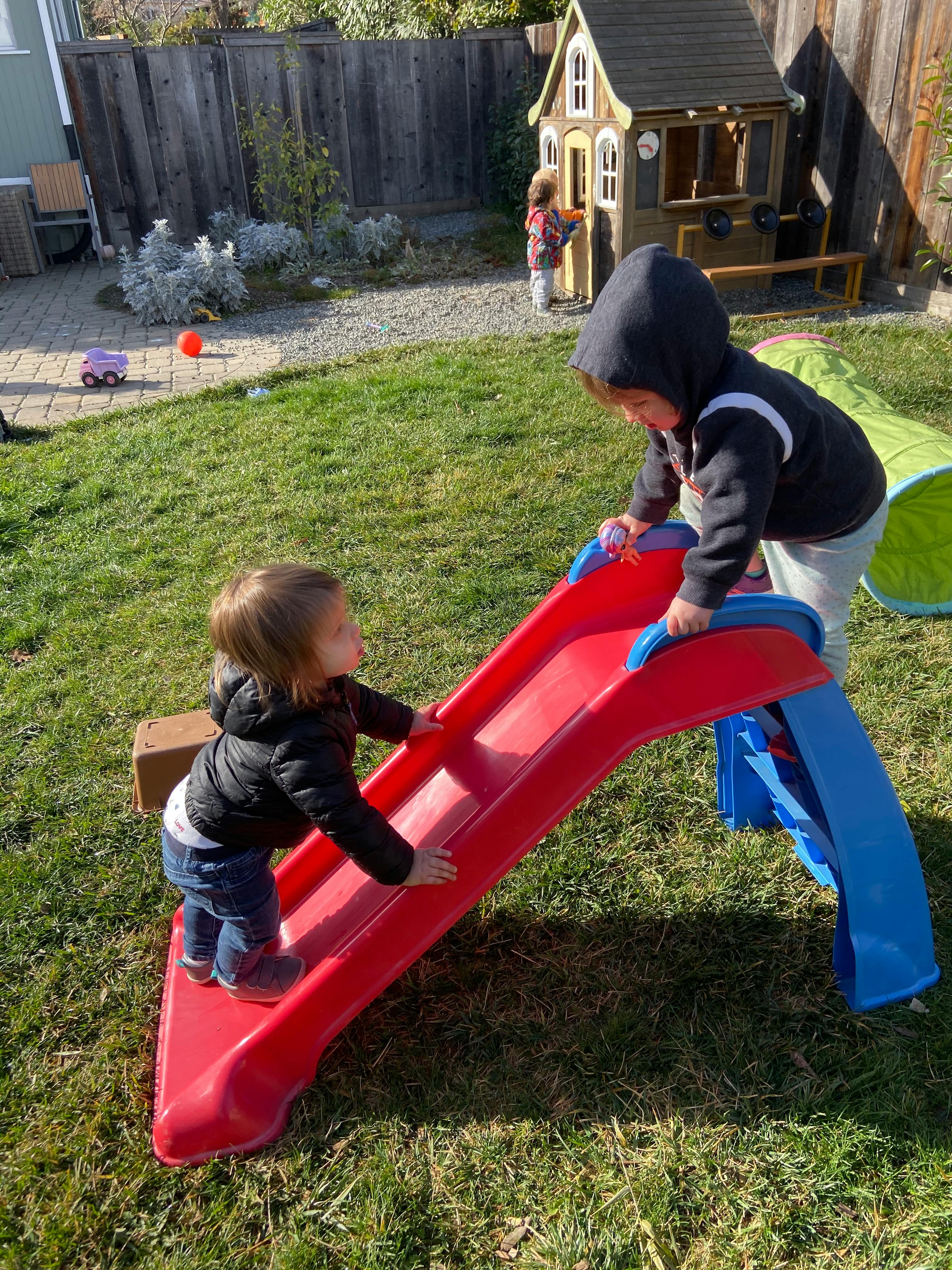 Two children playing on a red and blue slide in a grassy backyard
