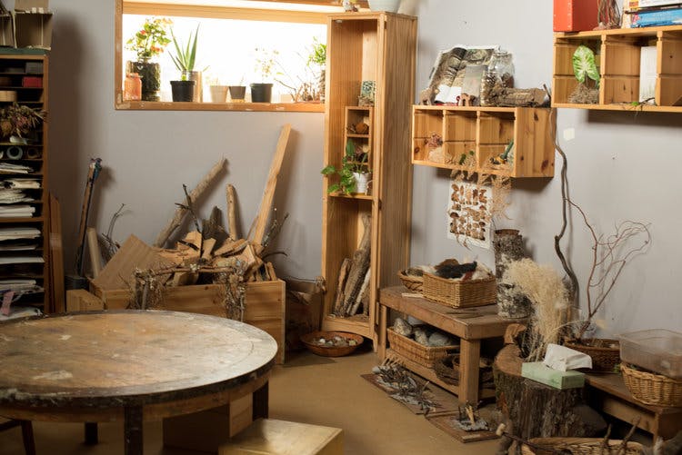 Room with wooden furniture, shelves, and natural elements