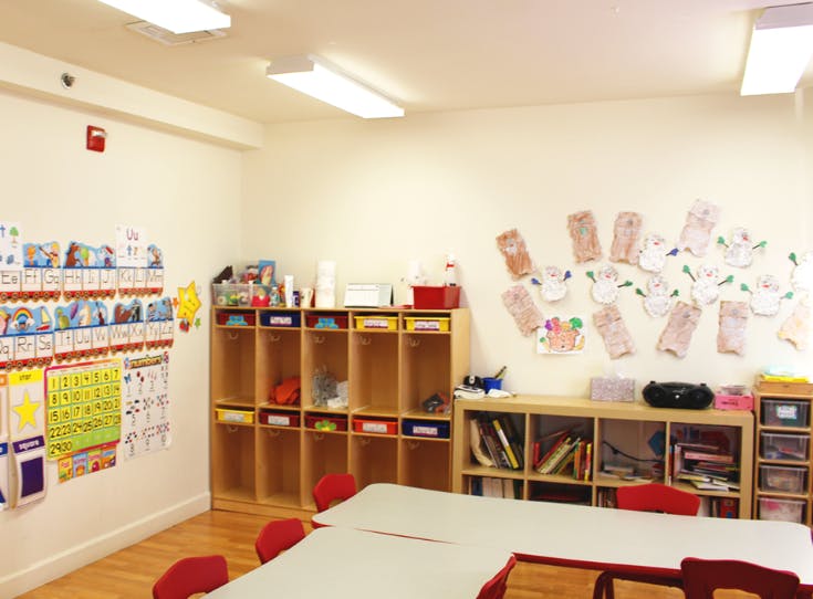 Empty classroom with tables, chairs, shelves, and children's artwork on the wall