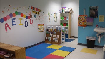 Classroom with alphabet decorations and colorful floor mats