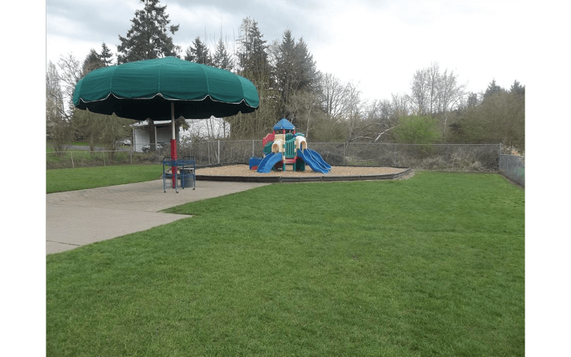 A large green umbrella and a colorful playground structure on a grassy lawn