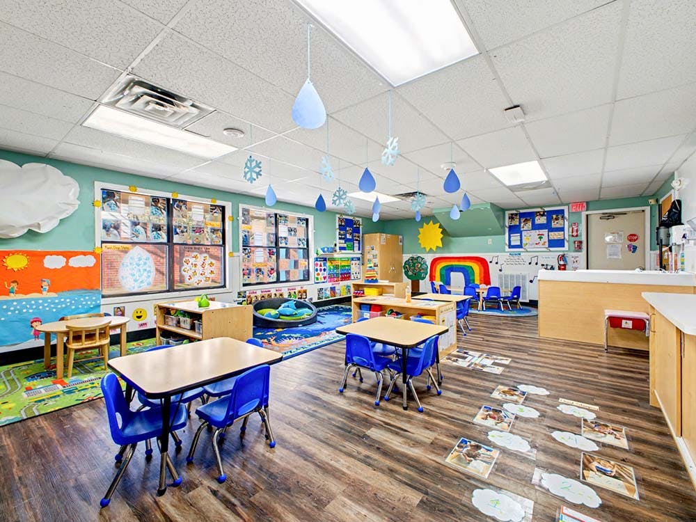 Empty colorful classroom with small tables and chairs
