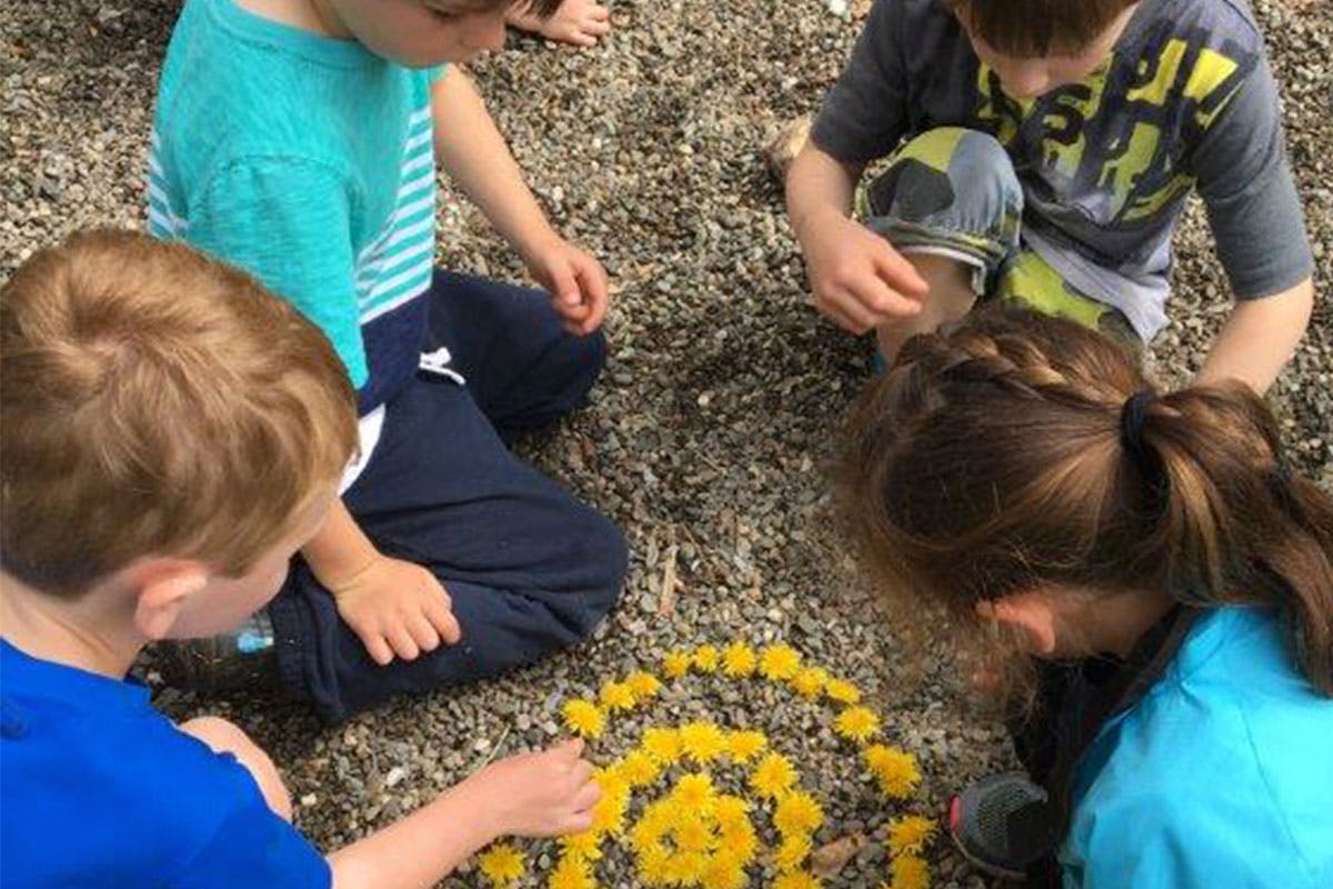 Four children arranging yellow flowers on the ground