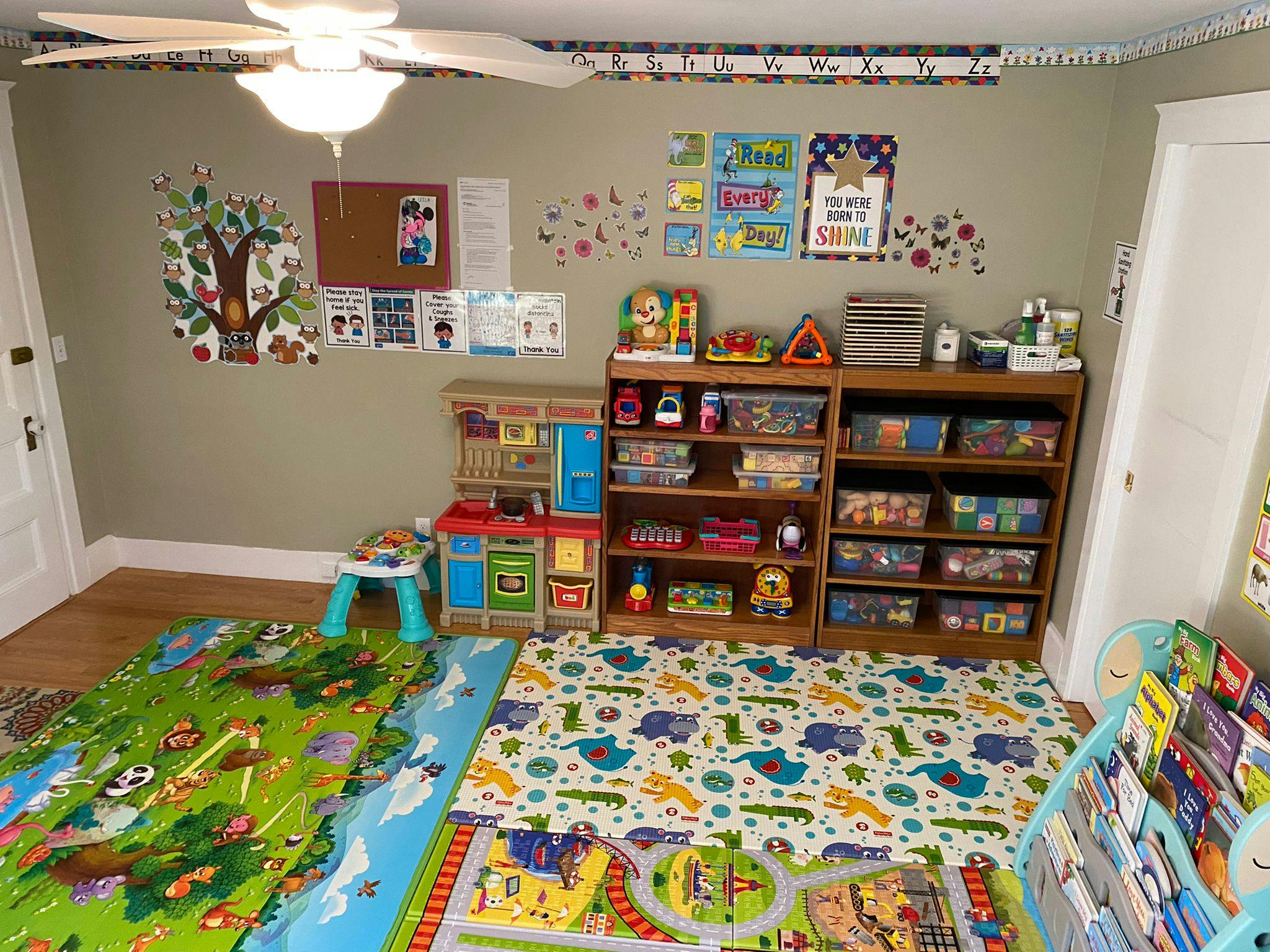 Playroom with colorful rugs, toy shelves, and wall decorations