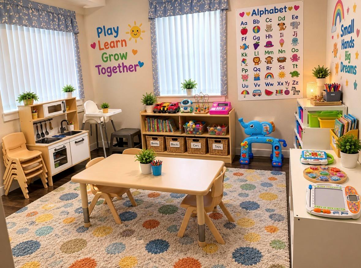 Childcare classroom interior with activity table and toys