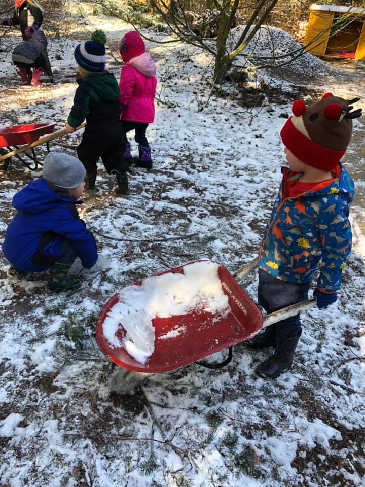 Children playing in snow with a red shovel and wheelbarrow